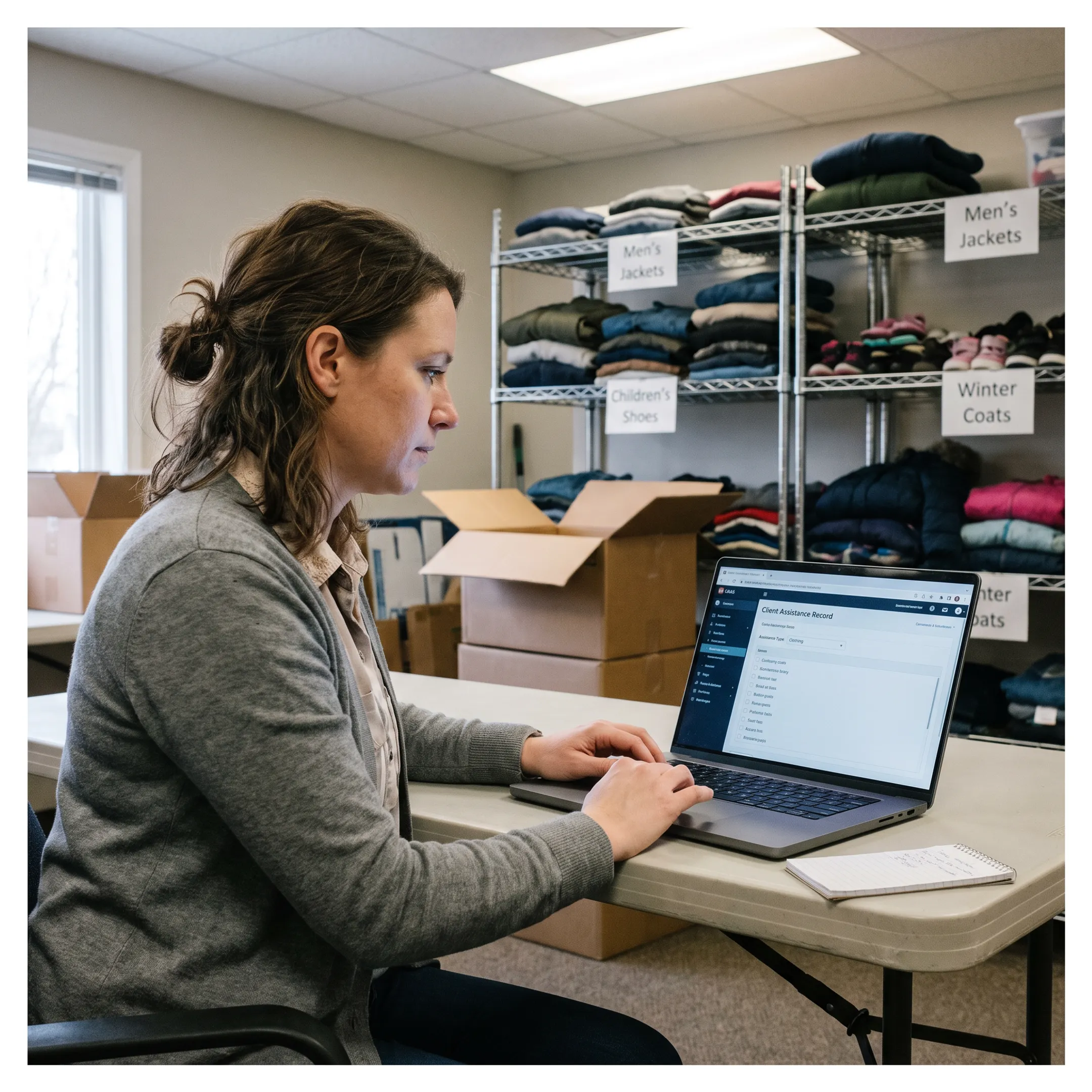 Nonprofit staff recording clothing donations and client distributions in software
