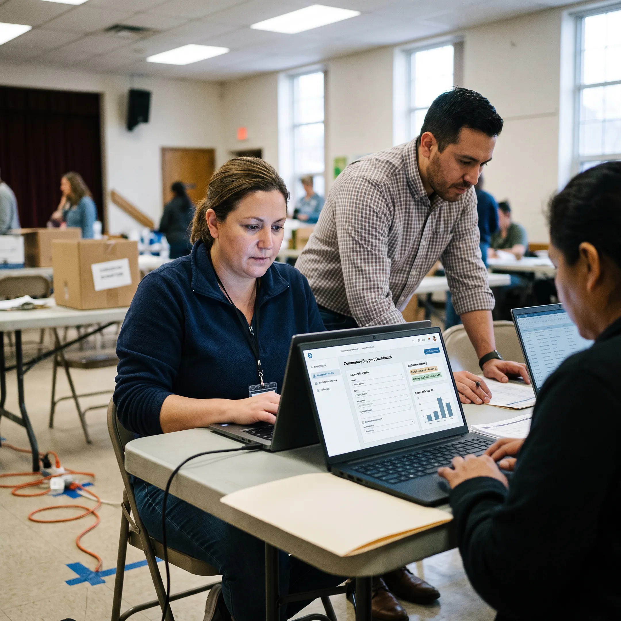 Emergency response team coordinating client assistance through case management software