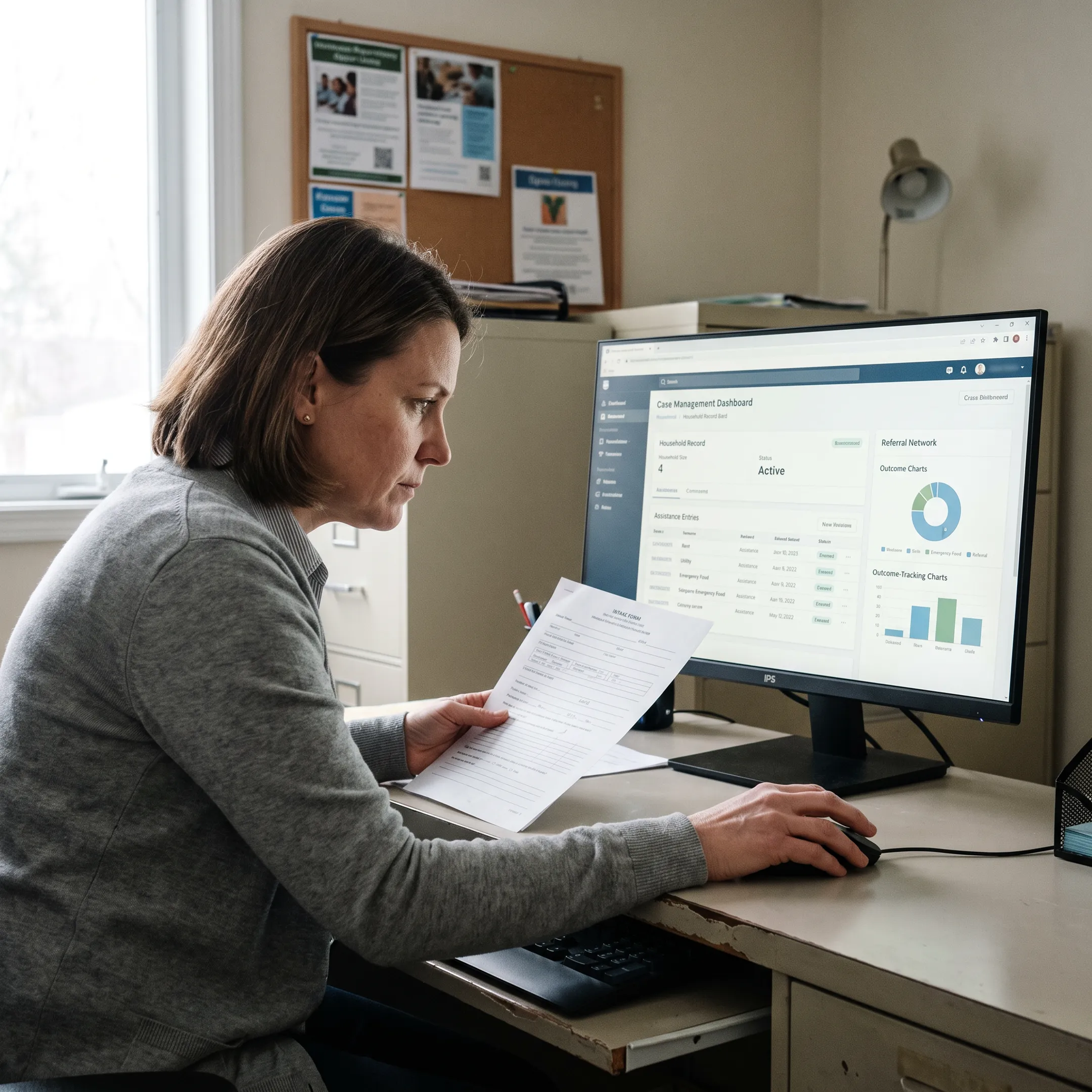 Caseworker reviewing emergency assistance records and referrals