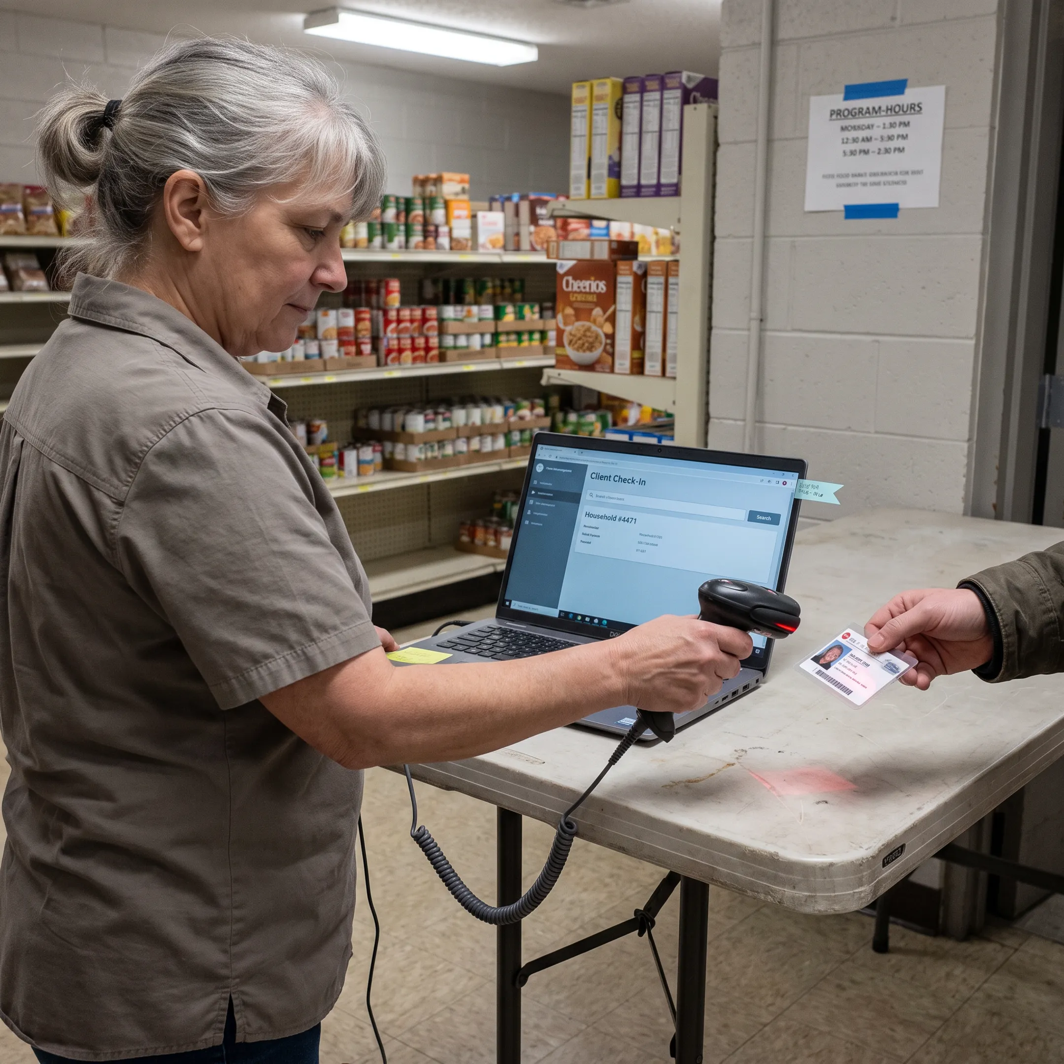 Food bank staff using CRM software to check in clients and record food distributions