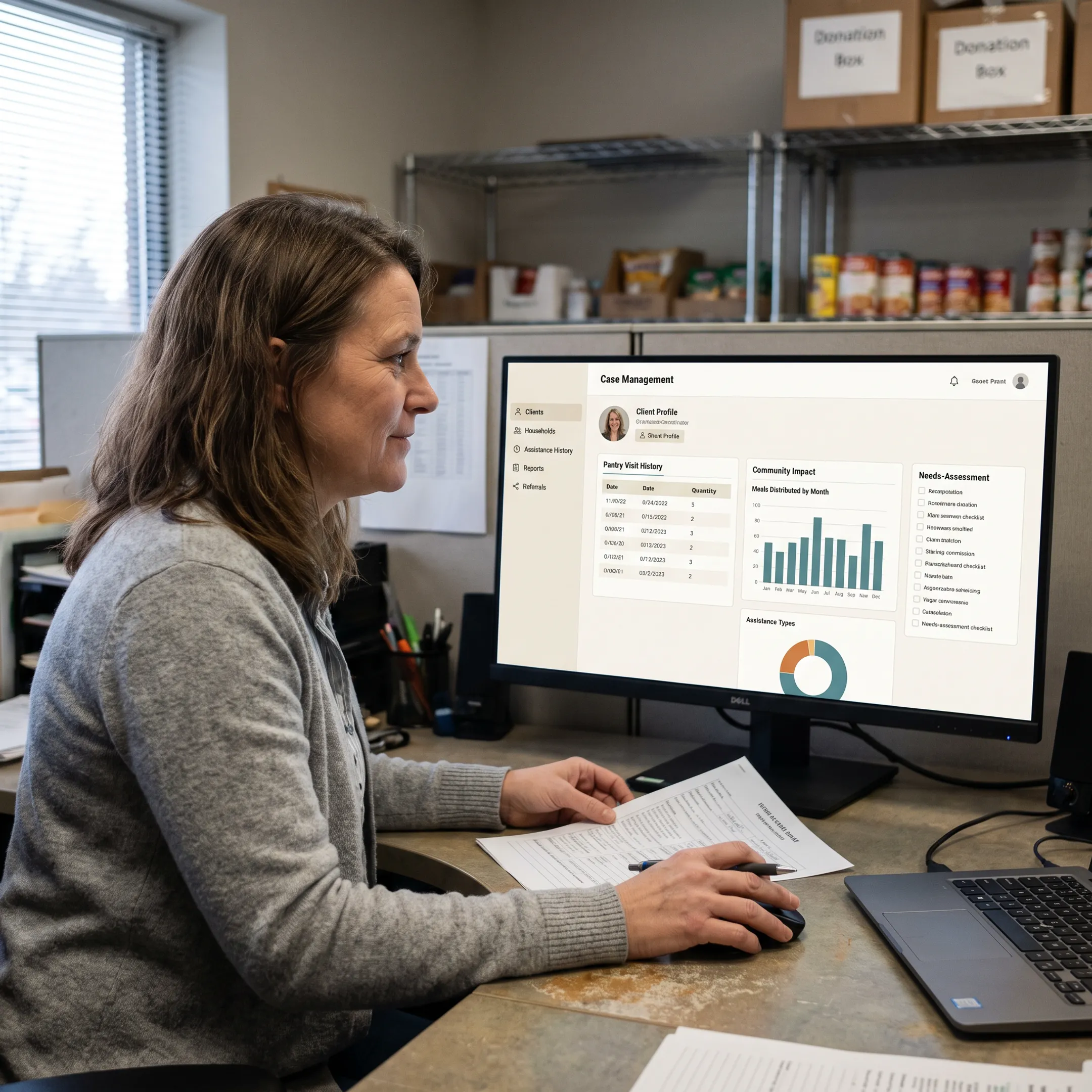 Food bank coordinator reviewing client distribution records on a CRM dashboard