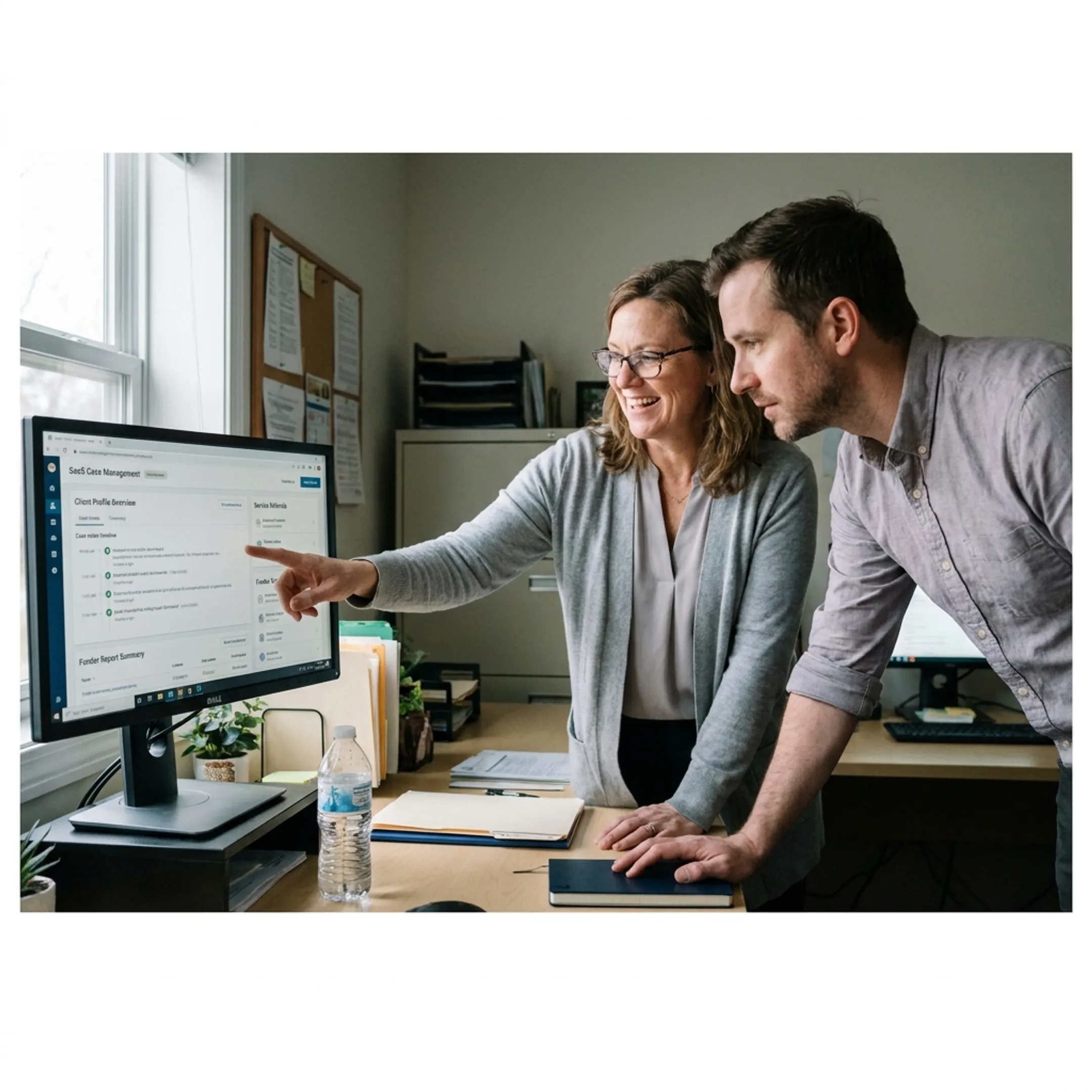 Nonprofit team reviewing client outcomes and assistance records on software