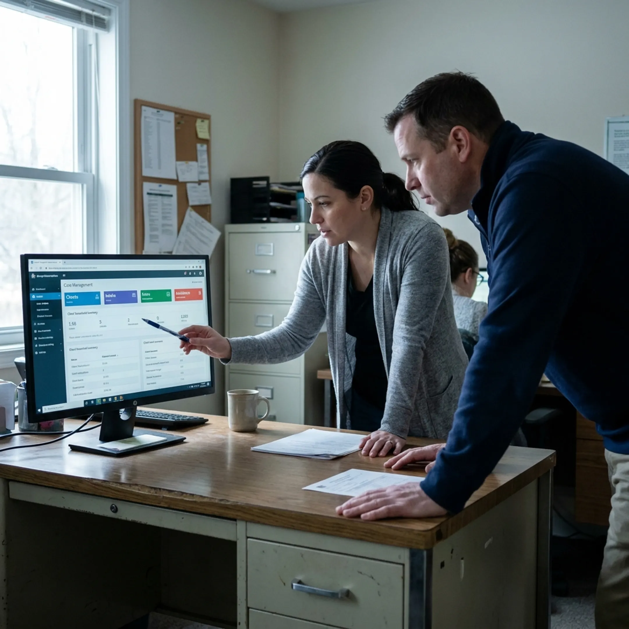 Nonprofit staff using cloud-based case management software to coordinate client services