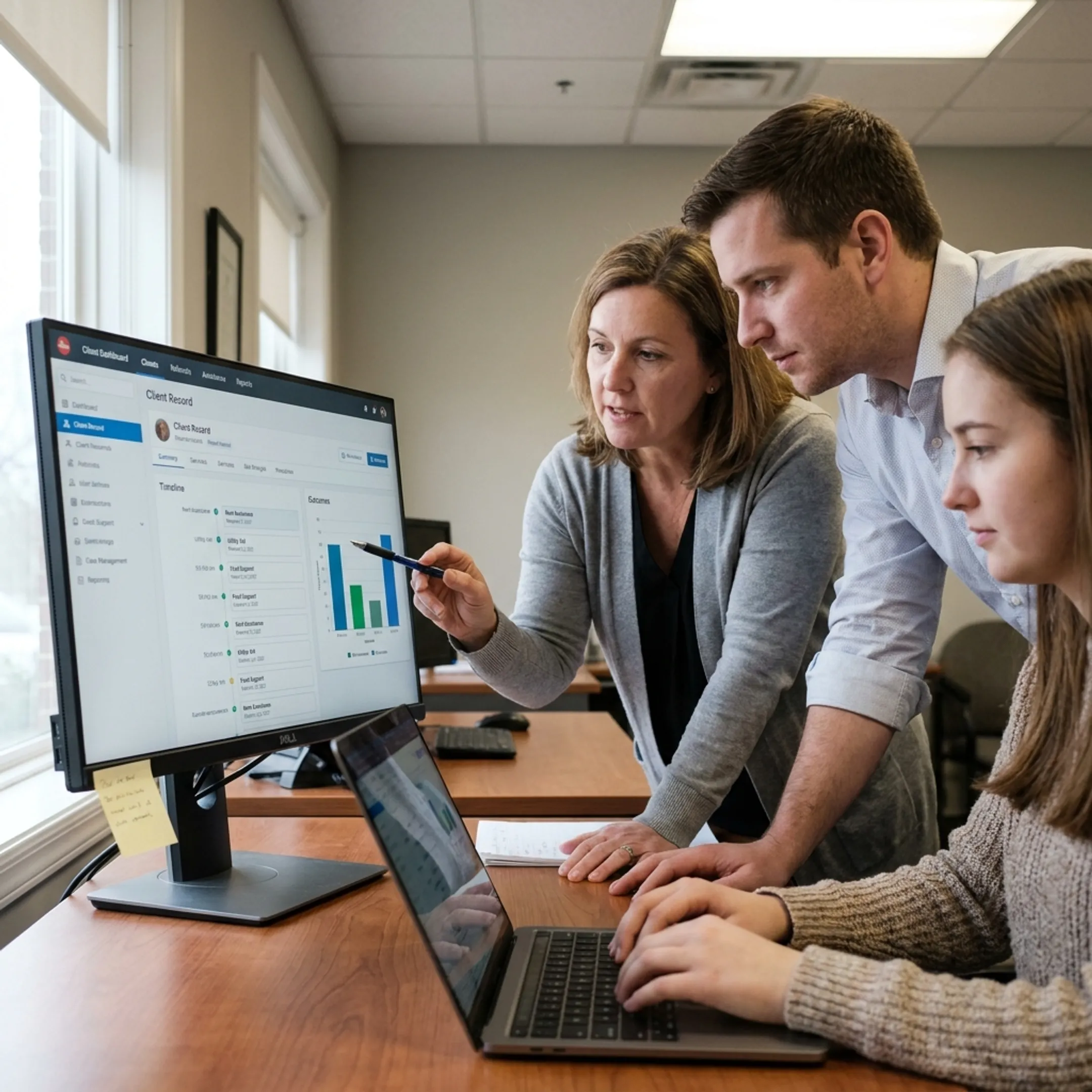 Nonprofit team reviewing centralized client assistance and outcome data