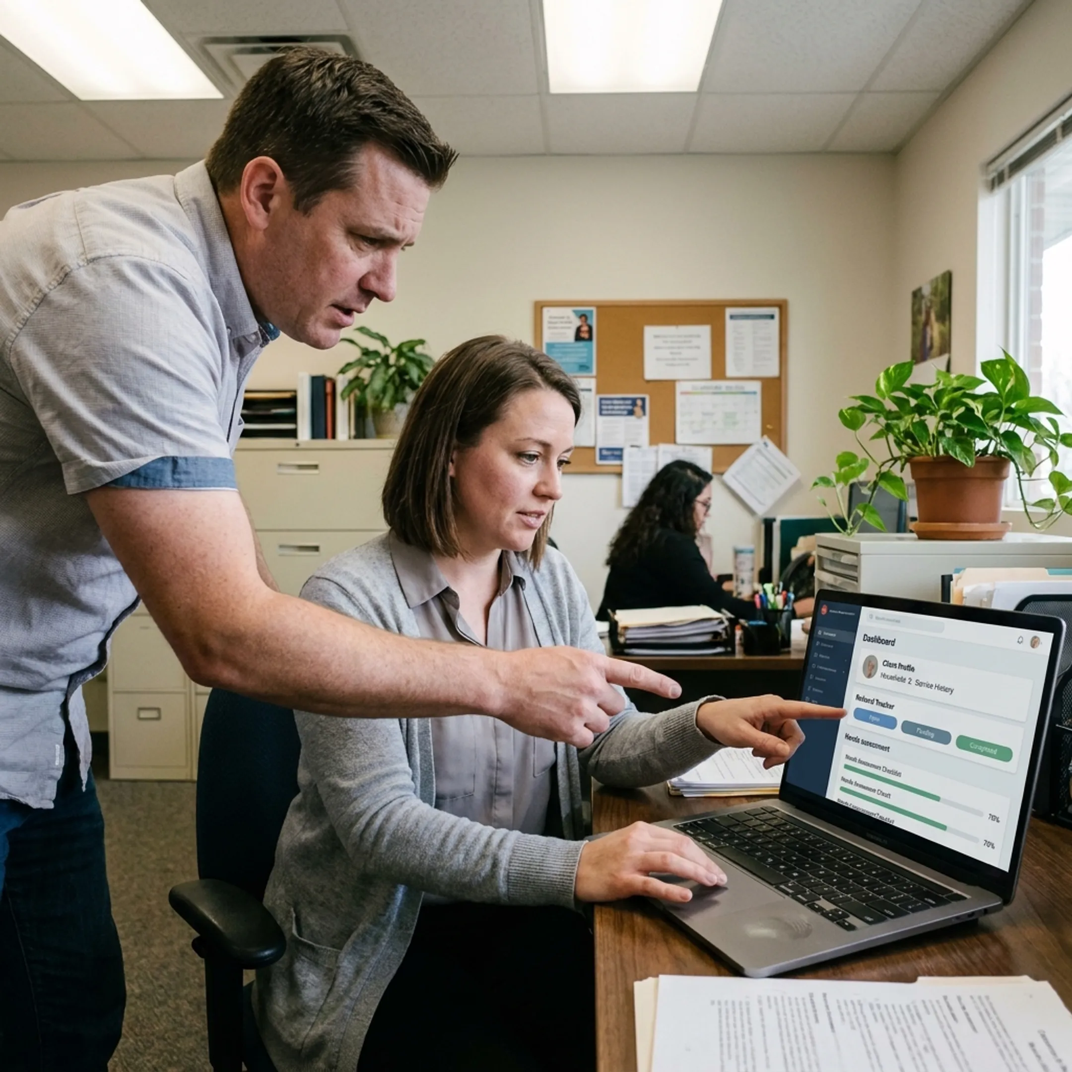 Nonprofit caseworker using cloud-based case management software to coordinate client services