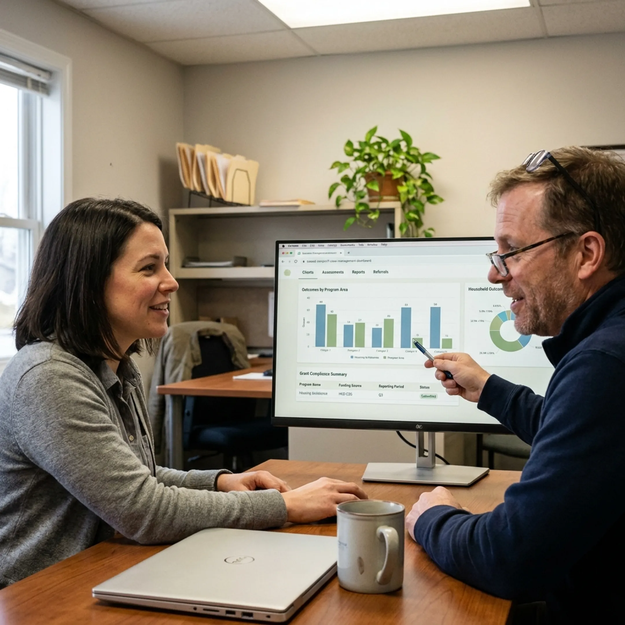 Nonprofit team reviewing impact reports and client outcome data on software dashboards