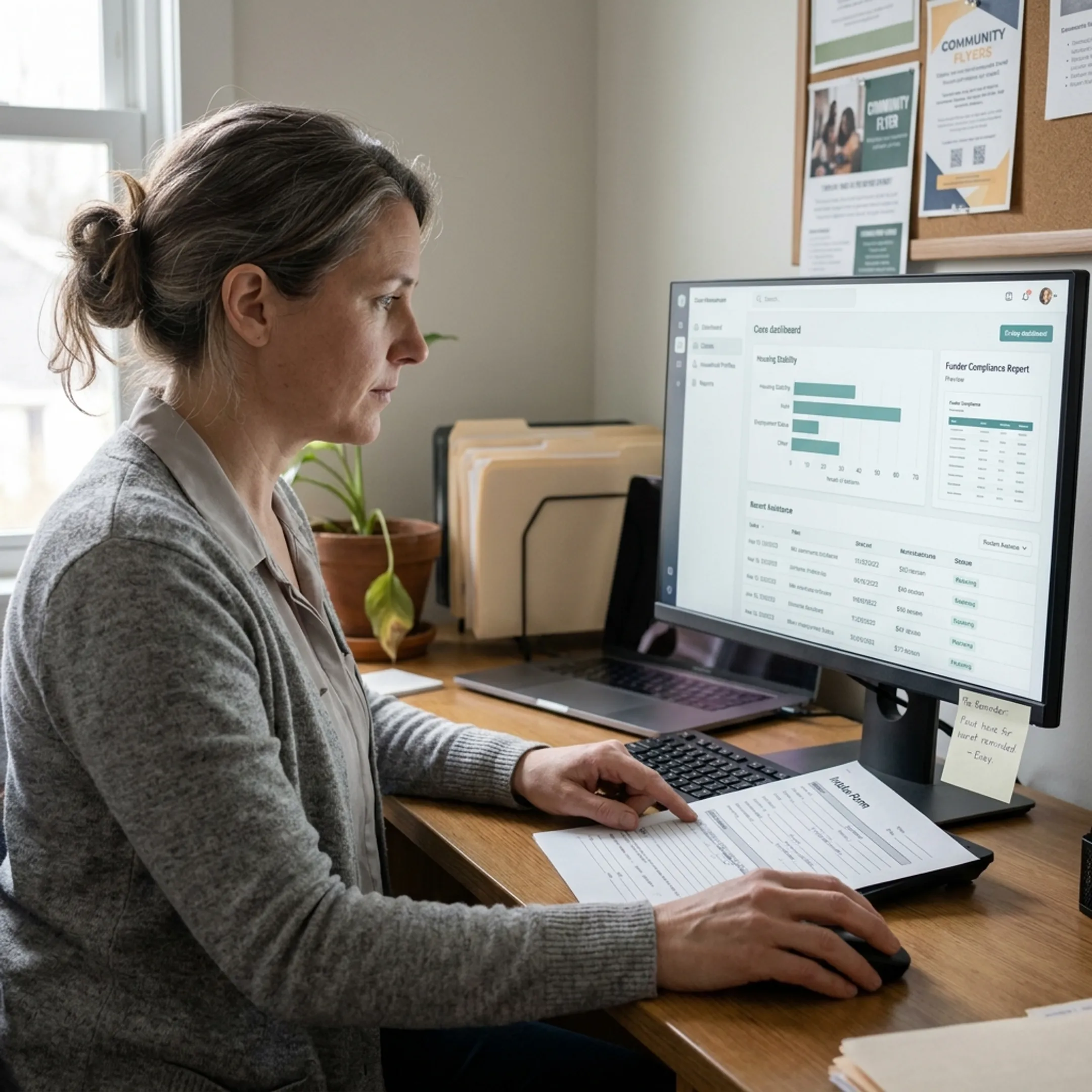 Nonprofit manager viewing client outcomes and funder reporting dashboard
