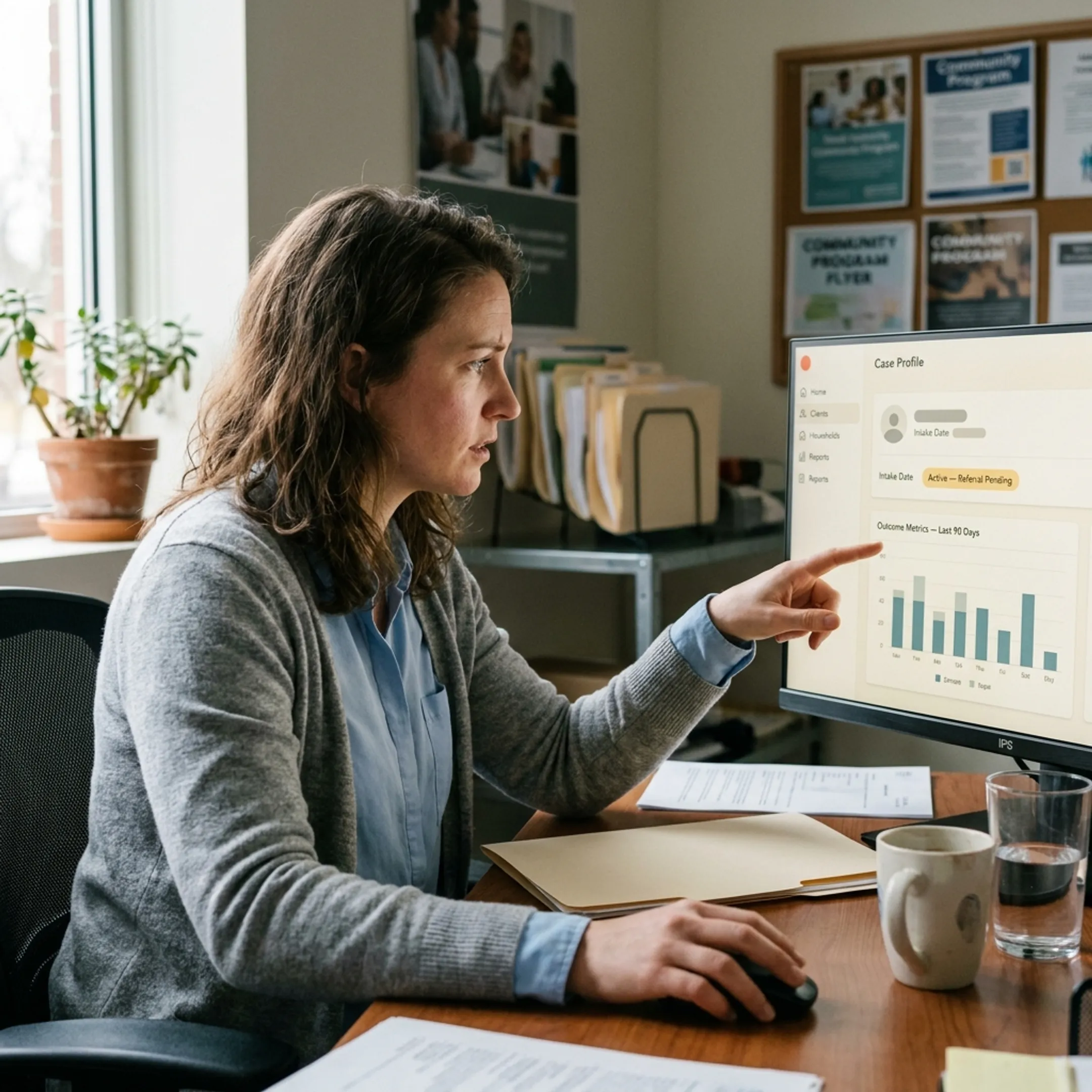 Nonprofit caseworker using client services CRM dashboard