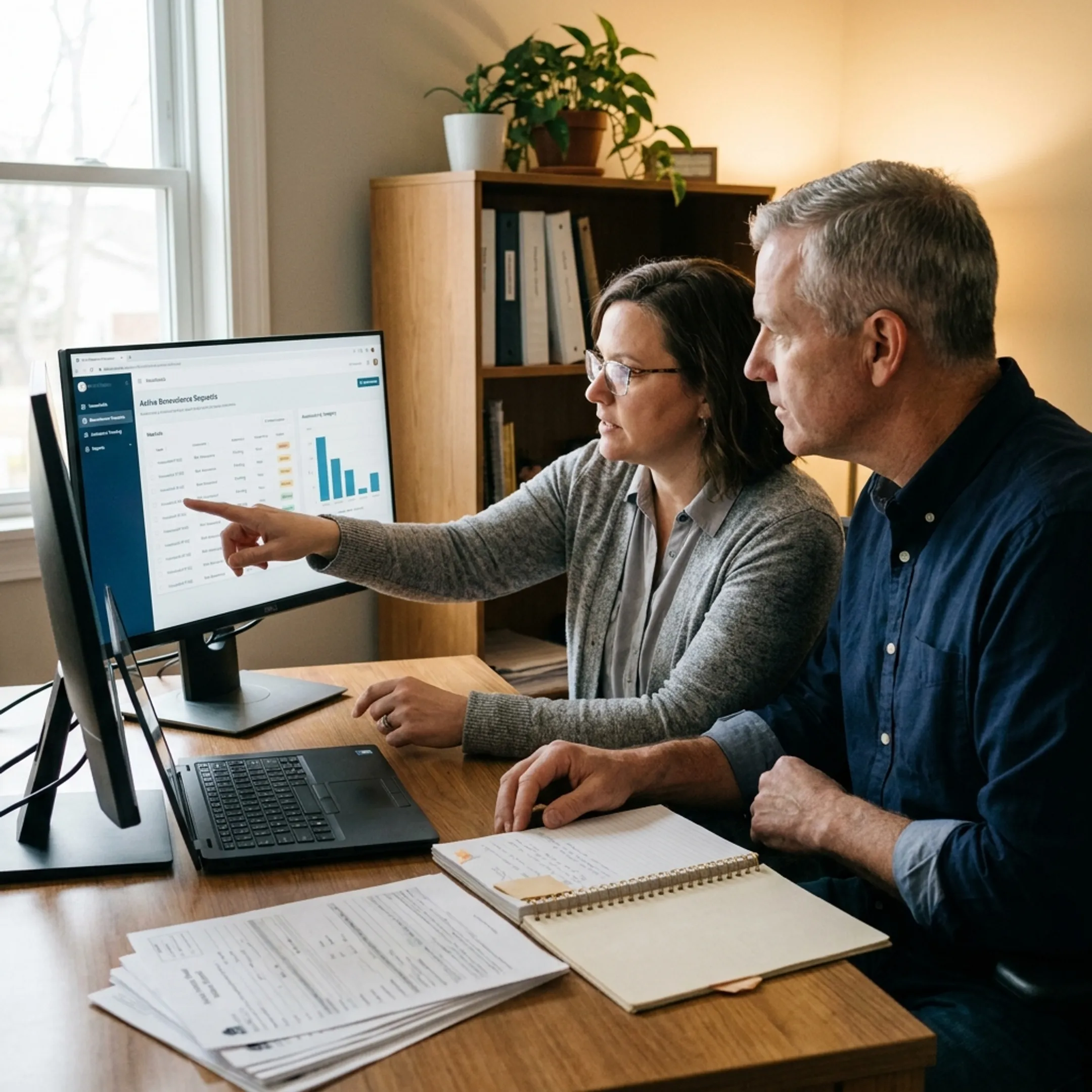 Church staff member reviewing benevolence records on administration software