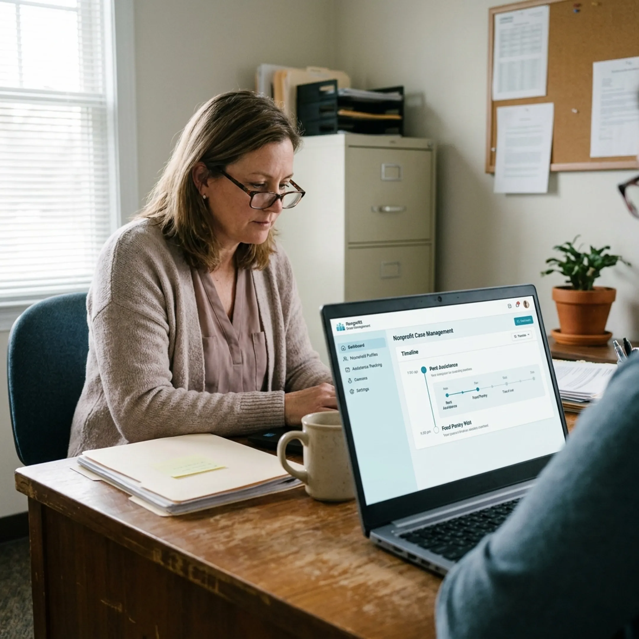 Church administrator coordinating client assistance records