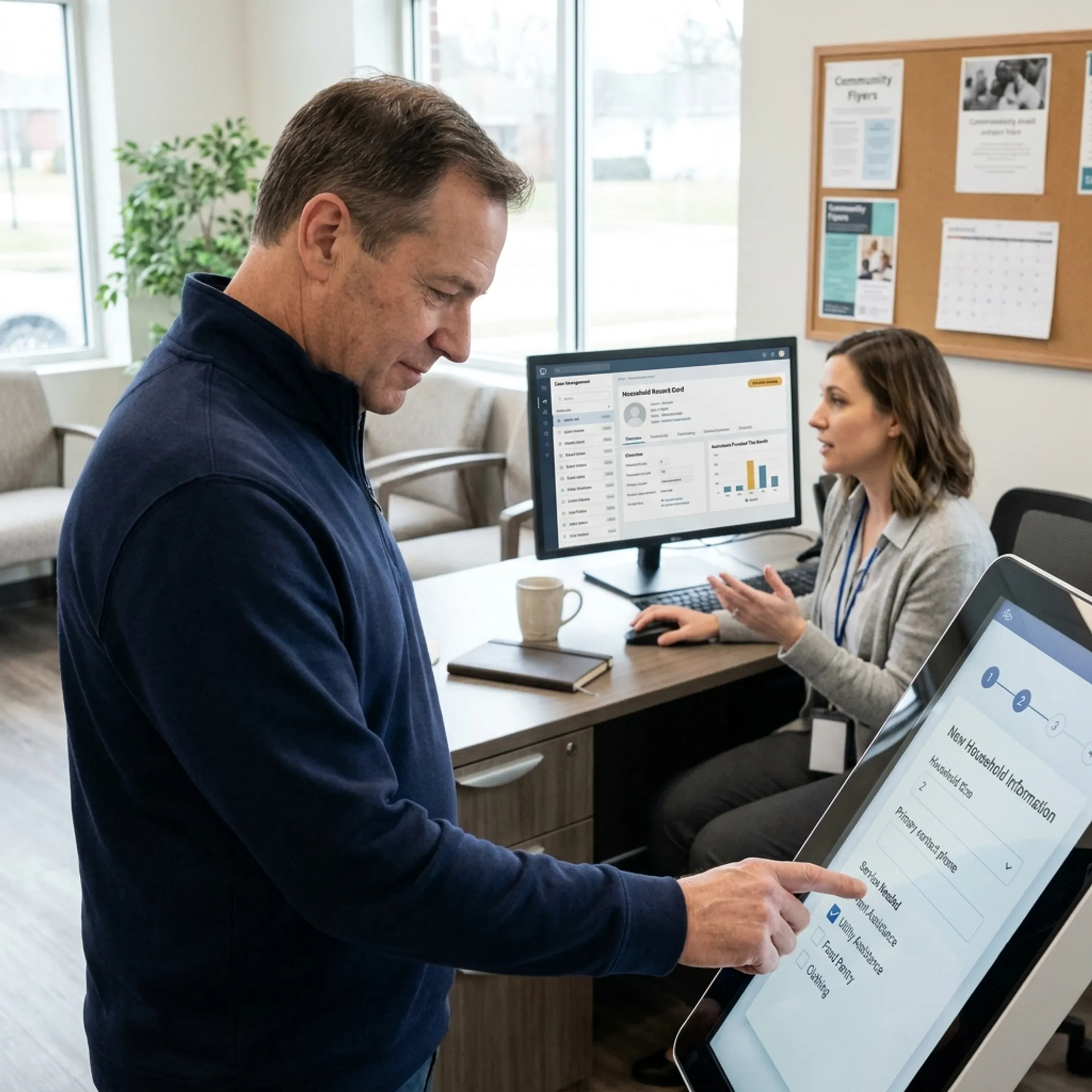 Client using a digital kiosk to complete agency intake
