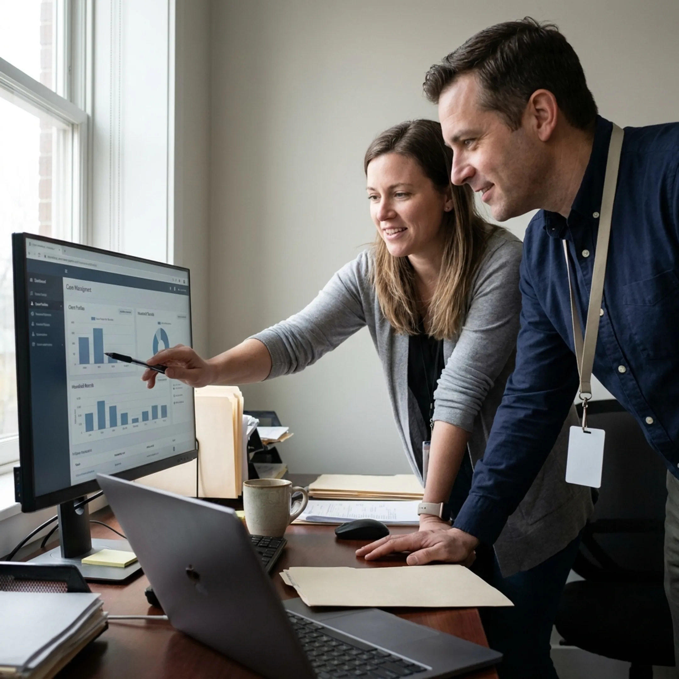Nonprofit team reviewing centralized client data and service outcomes on a computer