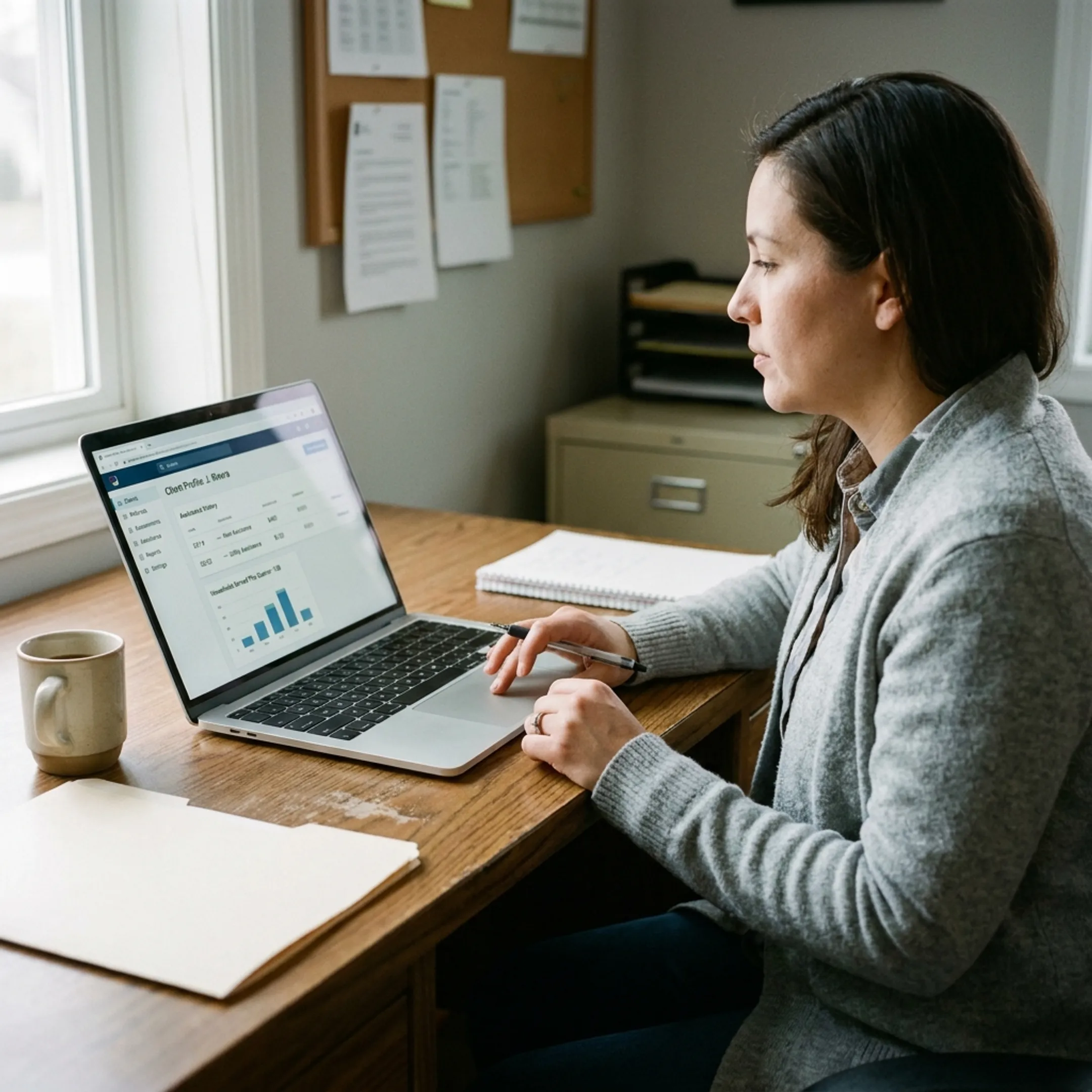 Nonprofit professional managing client records and outcome reports in cloud software