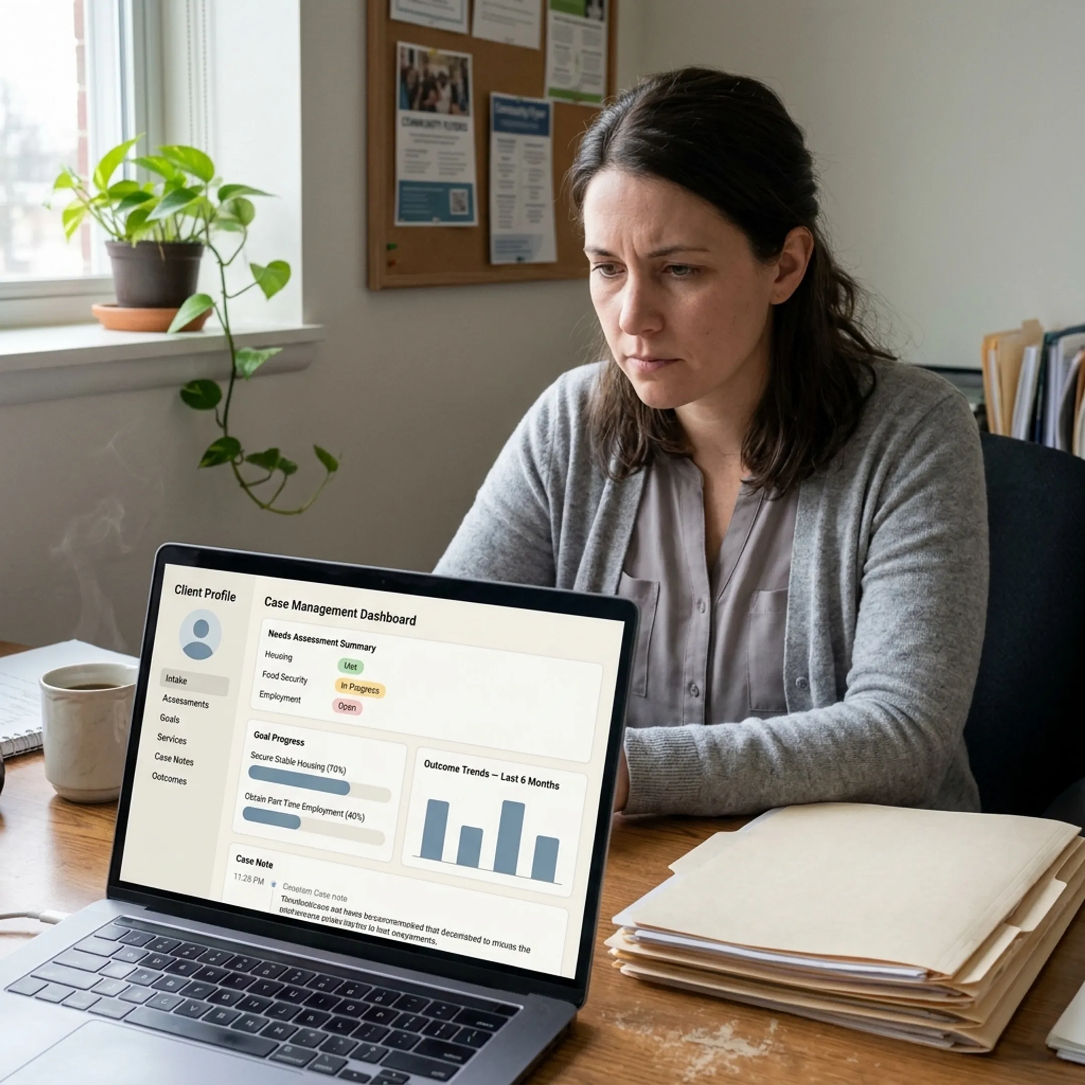 Caseworker reviewing a client needs assessment on human services software