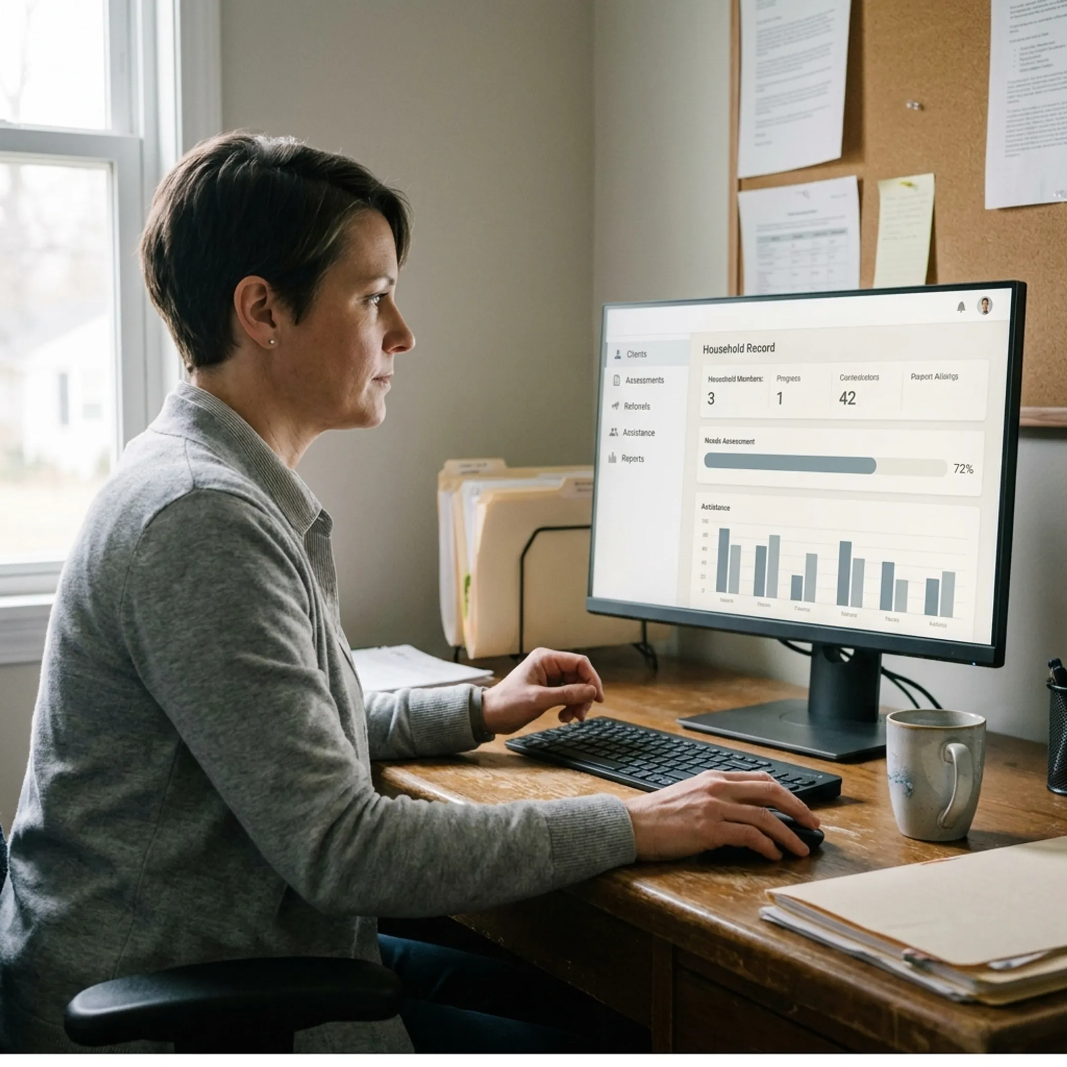 Caseworker reviewing a digital social services intake record