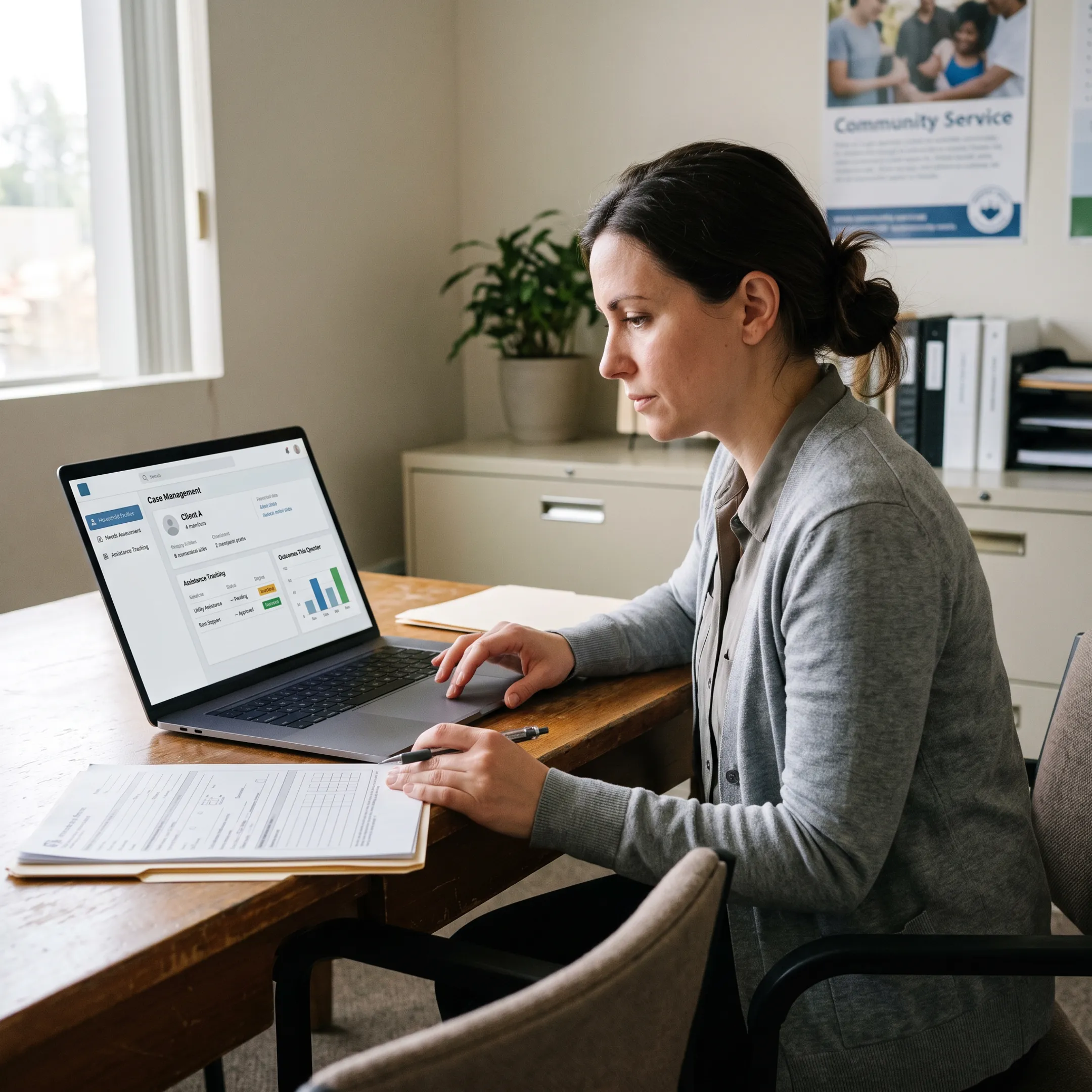 Social services staff using digital client intake software