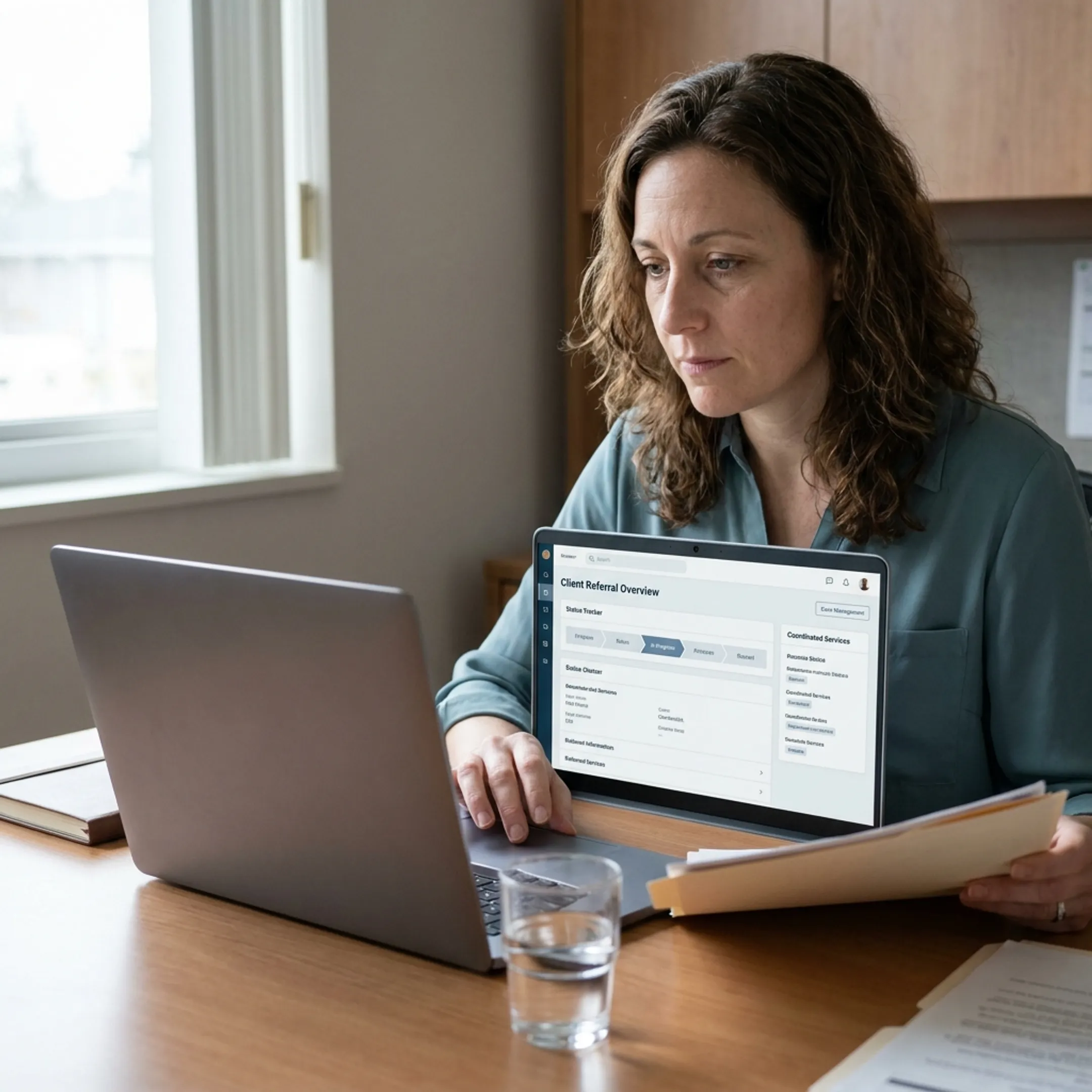 Caseworker reviewing coordinated nonprofit referrals on a laptop
