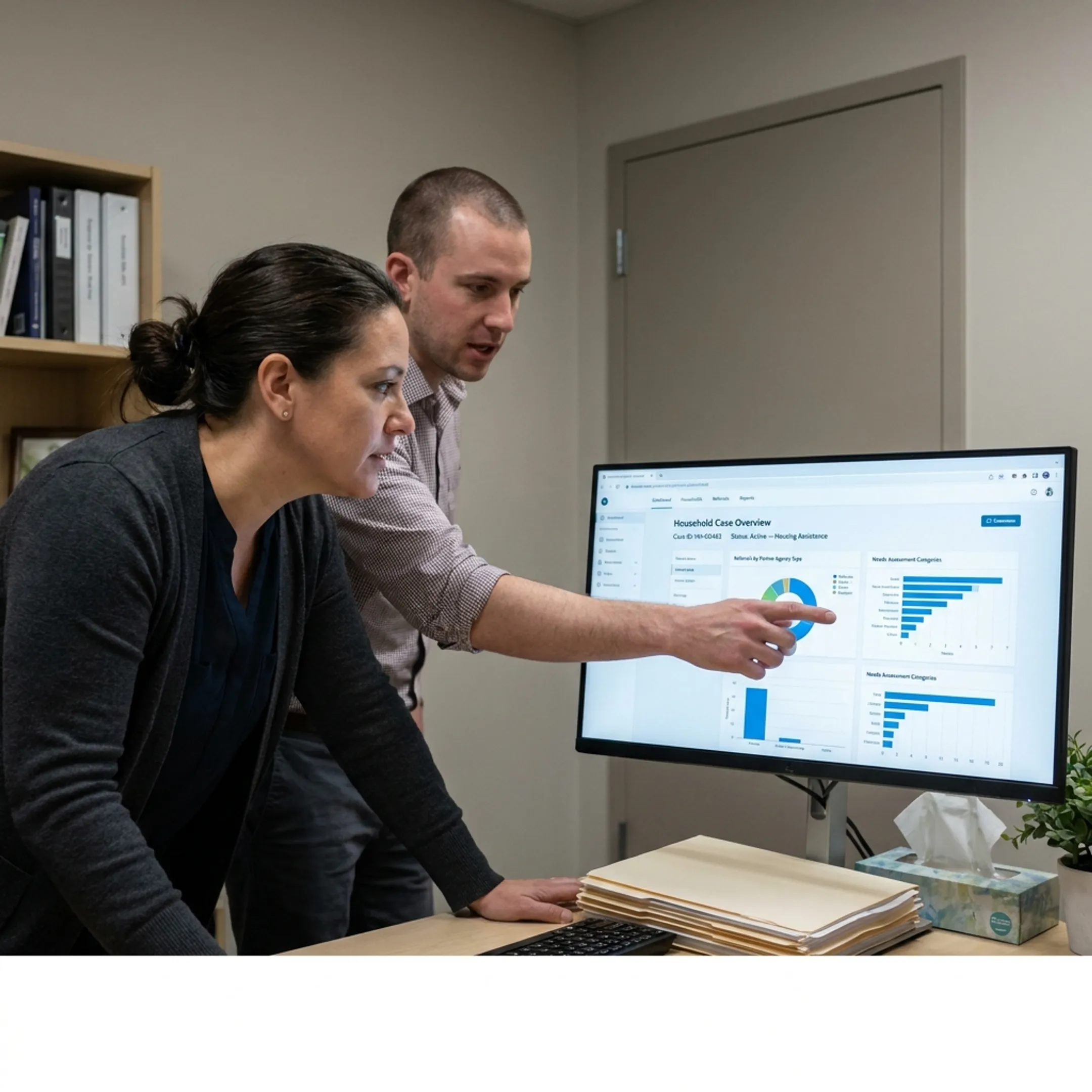 Domestic violence shelter staff coordinating confidential survivor services on case management software