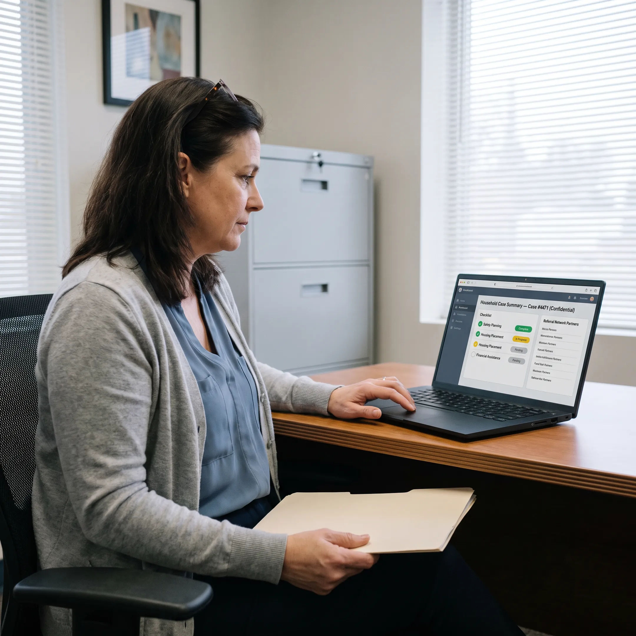 Caseworker using domestic violence shelter software to review a secure client record