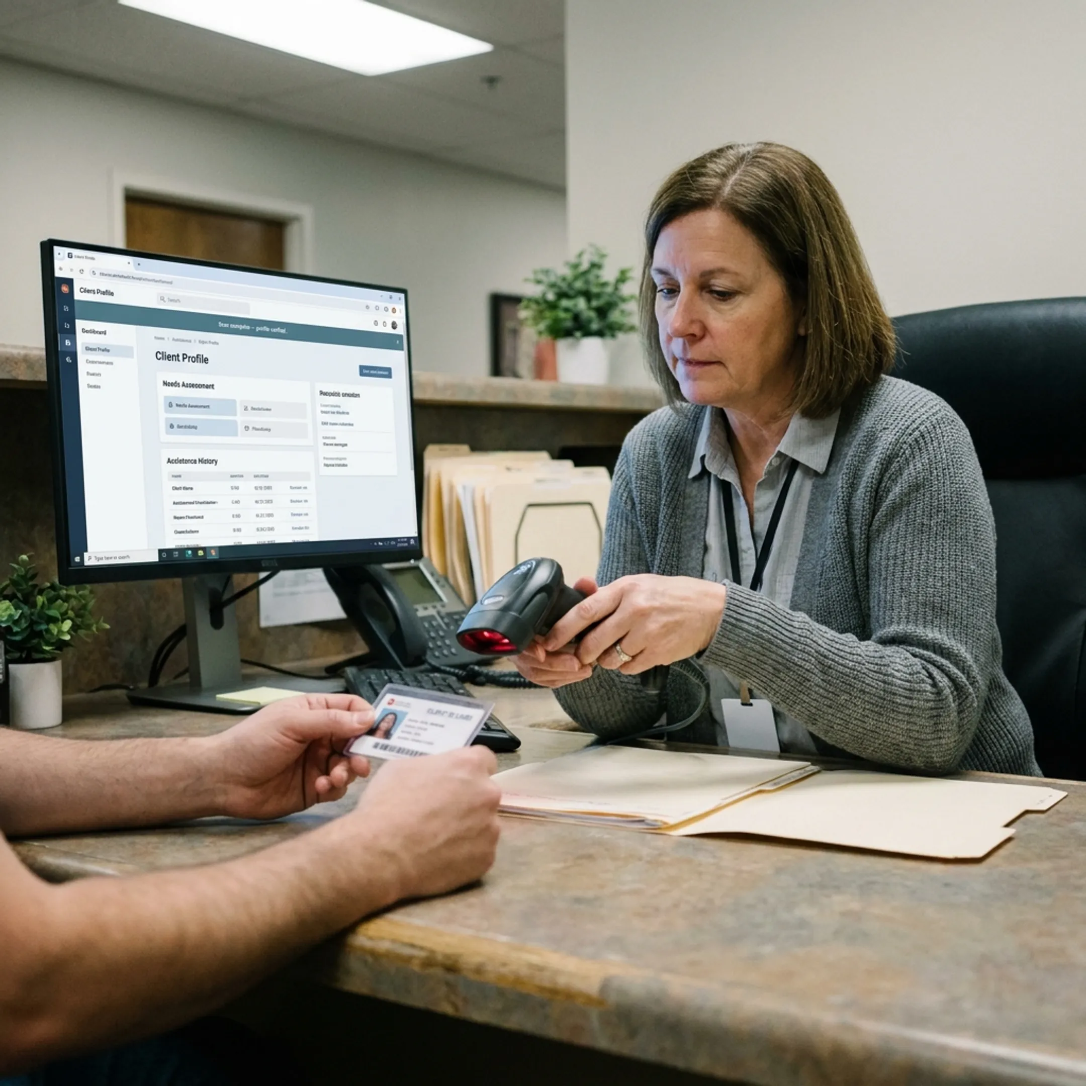 Charity staff scanning a client ID barcode during nonprofit intake