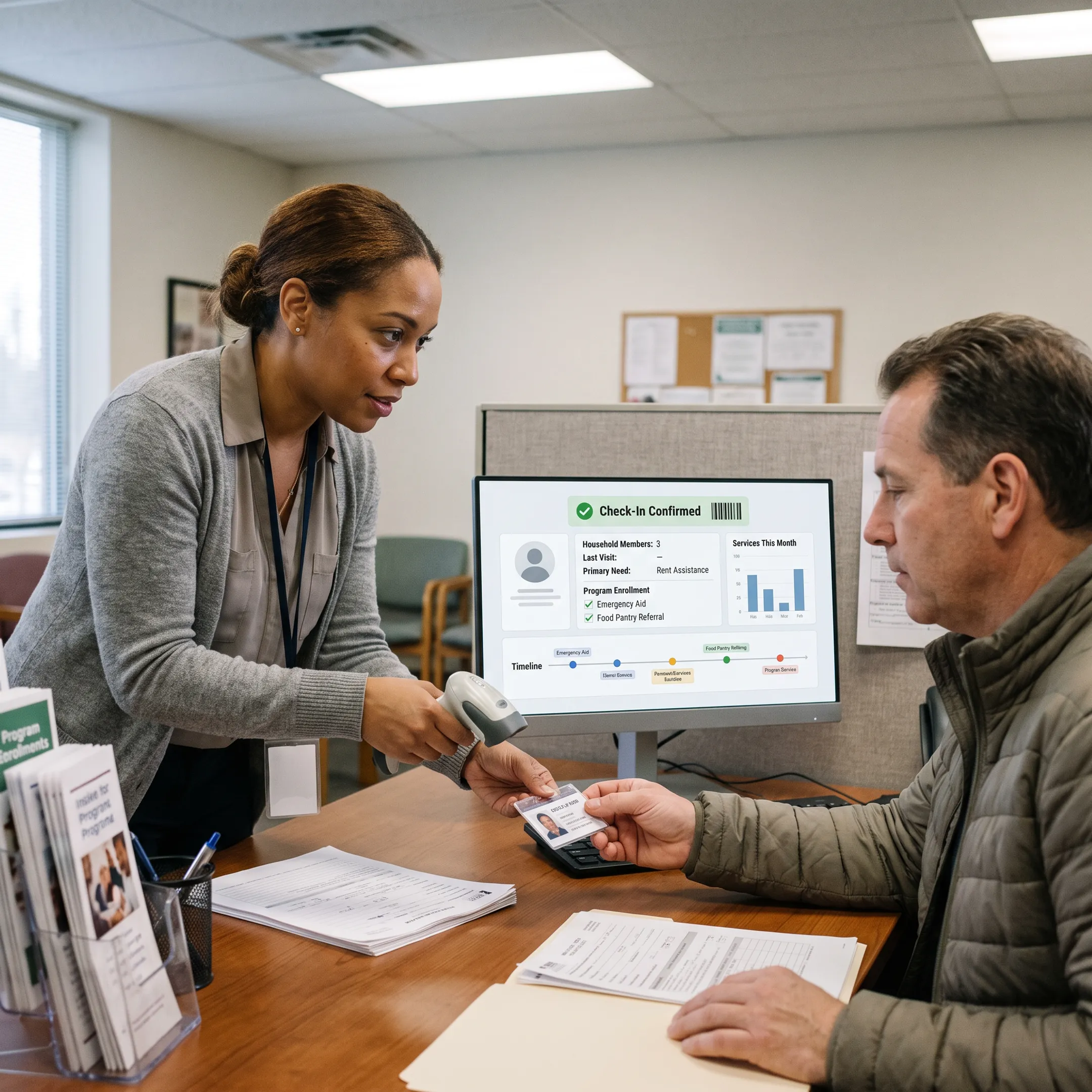 Nonprofit staff scanning a client barcode during digital intake