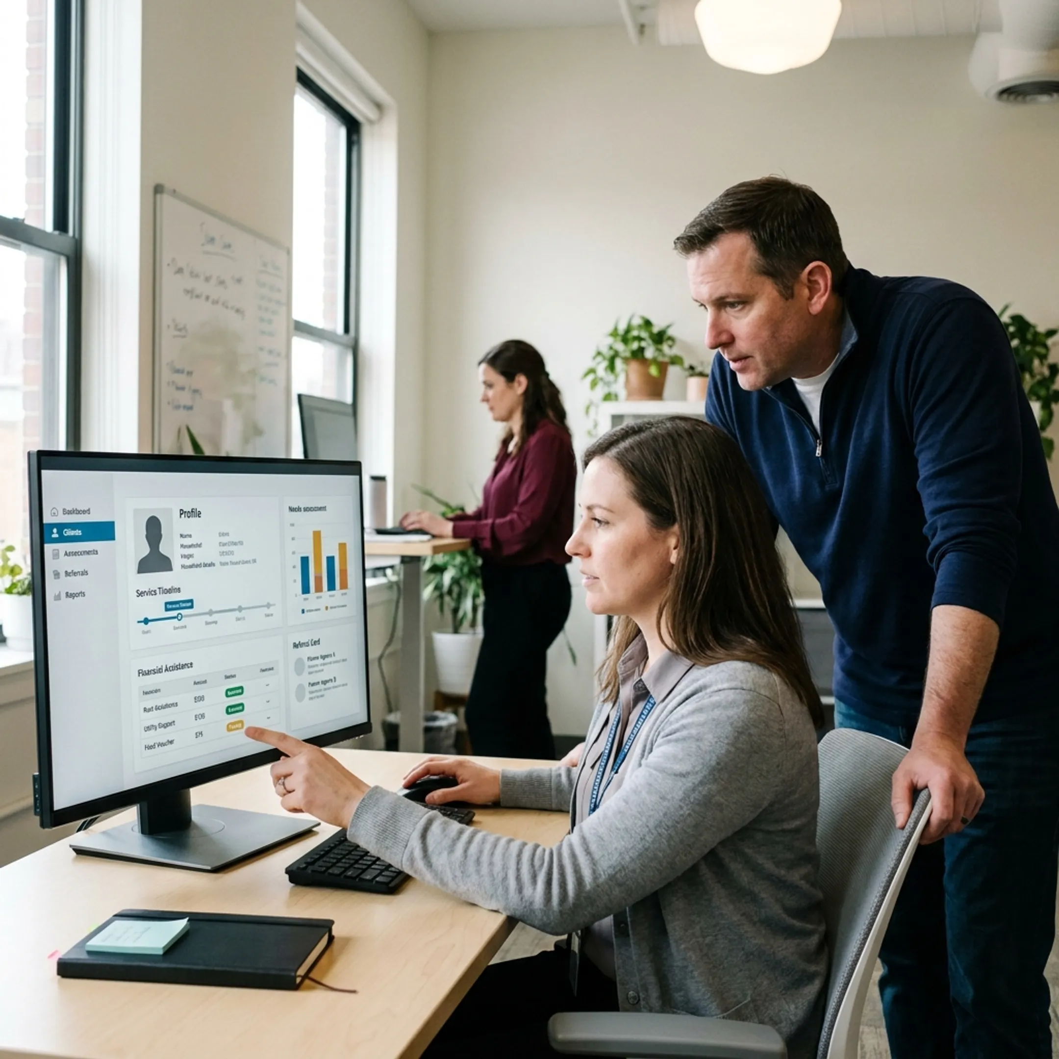 Nonprofit team coordinating client communication through software