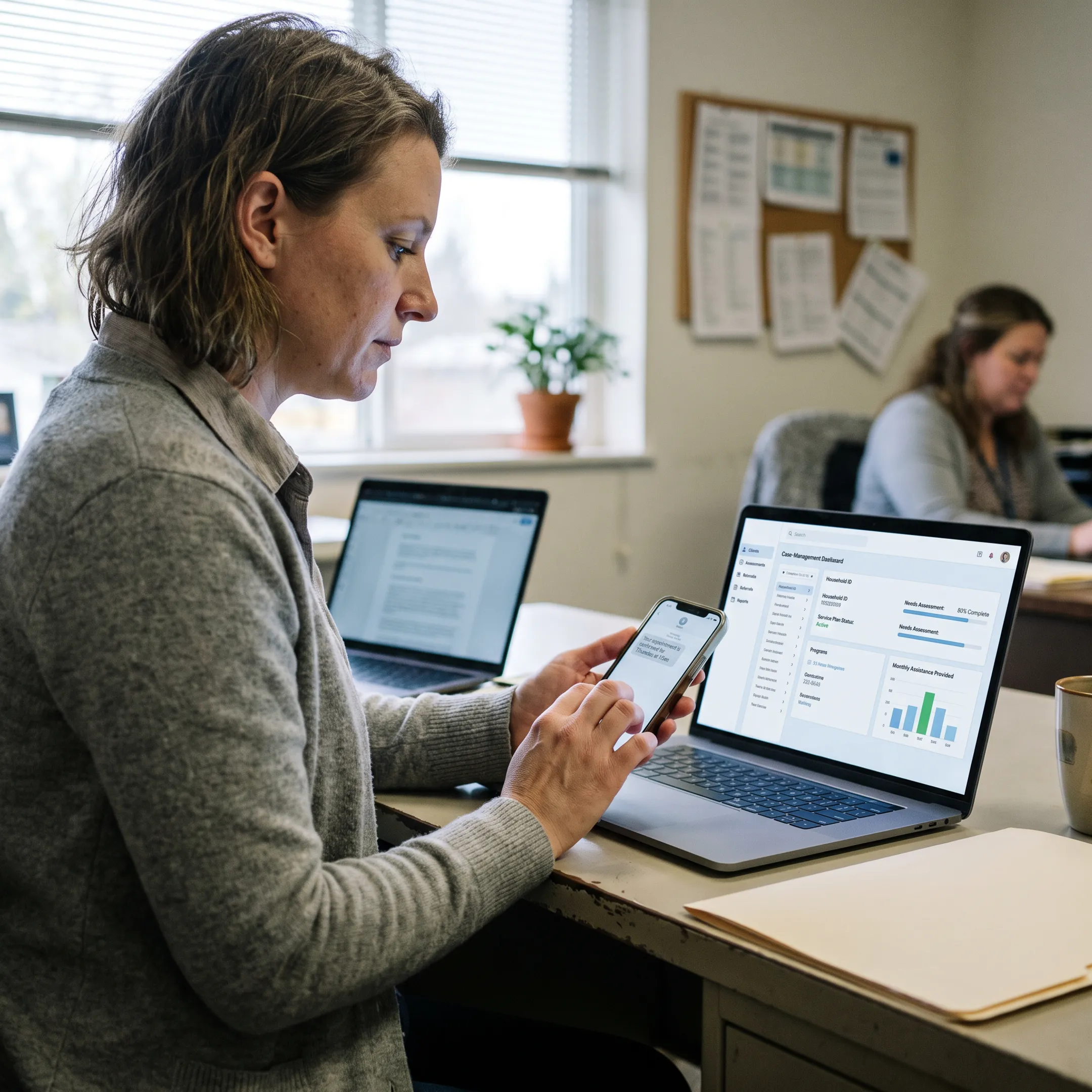 Nonprofit staff member using text messaging software to coordinate community services