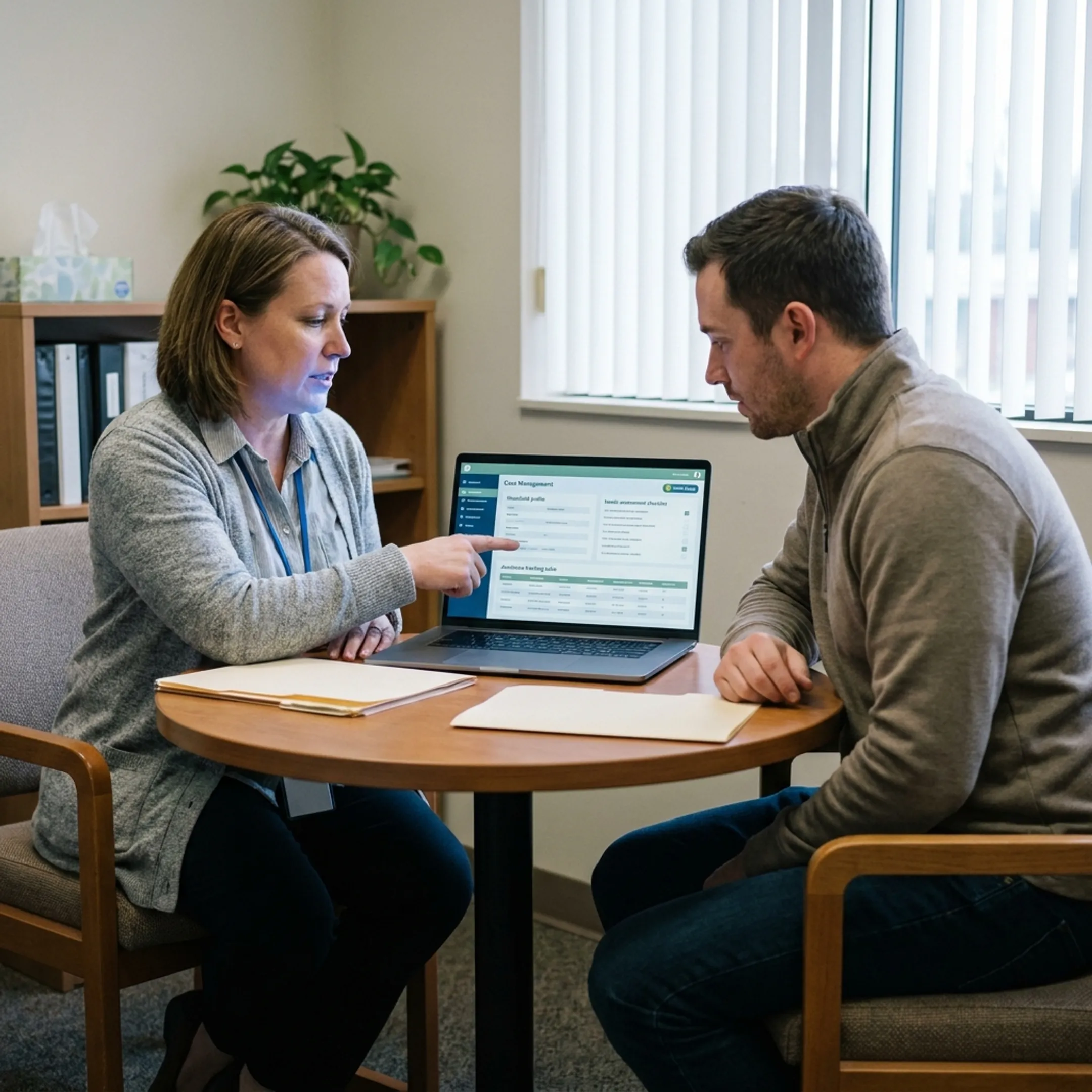 Caseworker reviewing digital intake information with a social services client