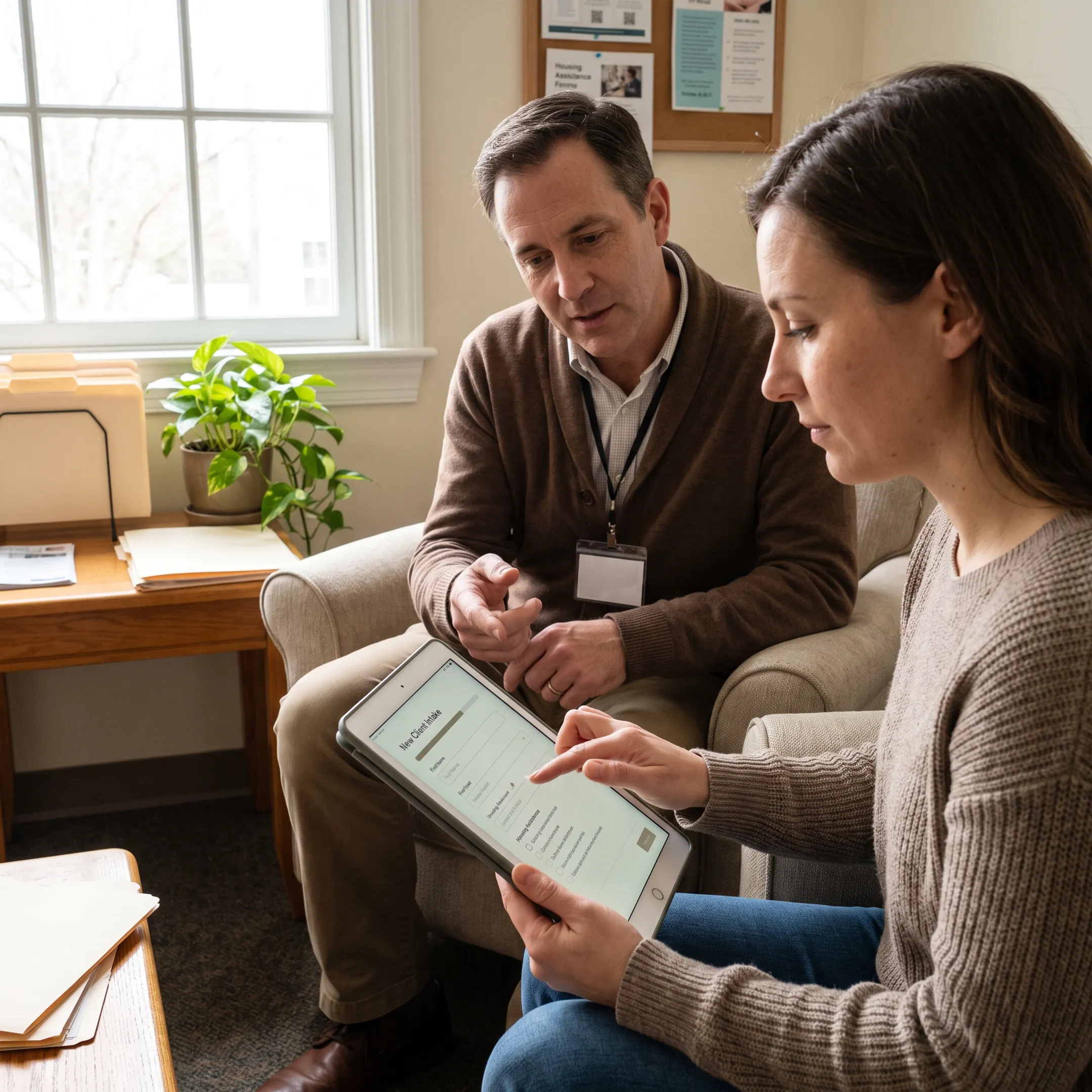 Social services client completing a digital intake form on a tablet