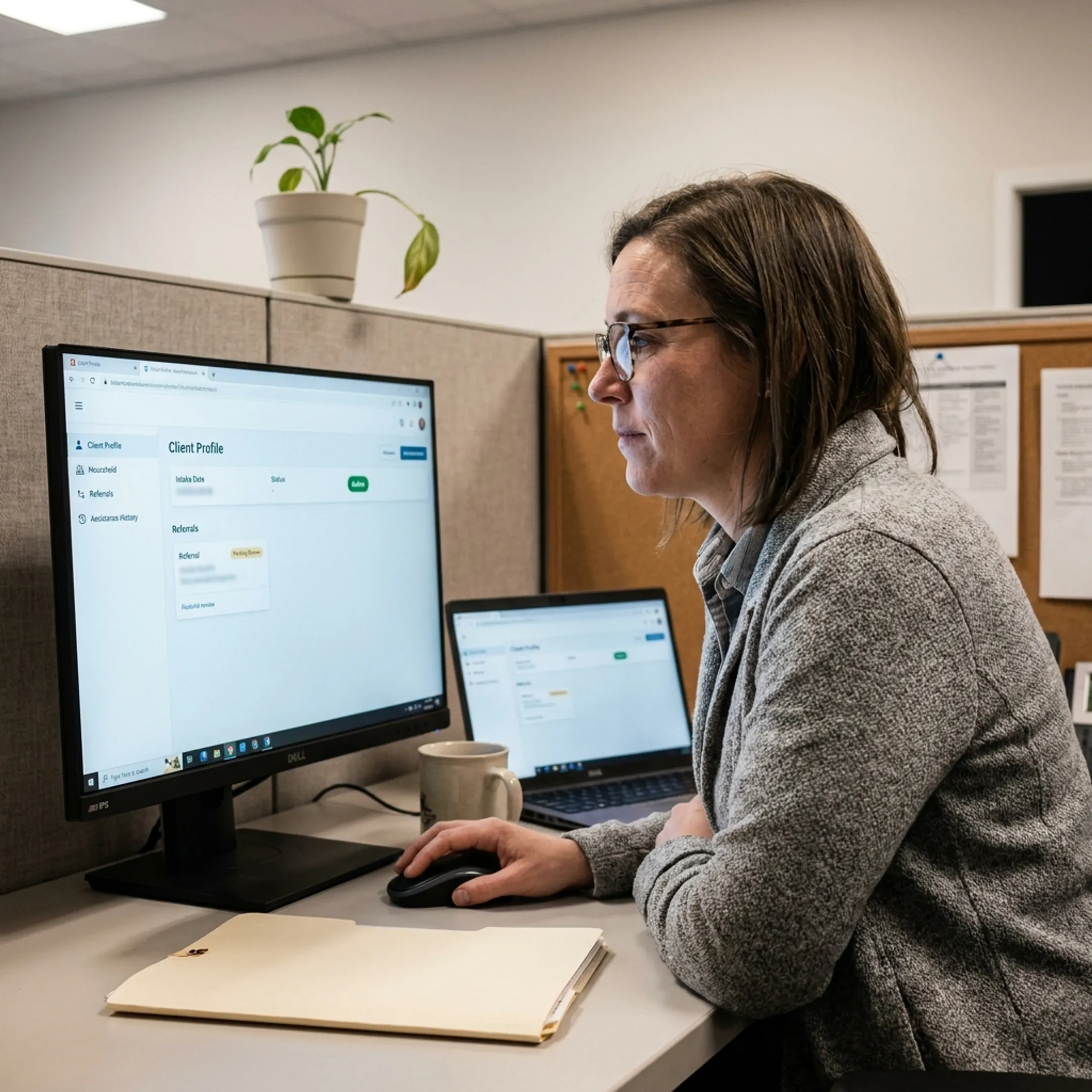 Caseworker using social care network software to coordinate services