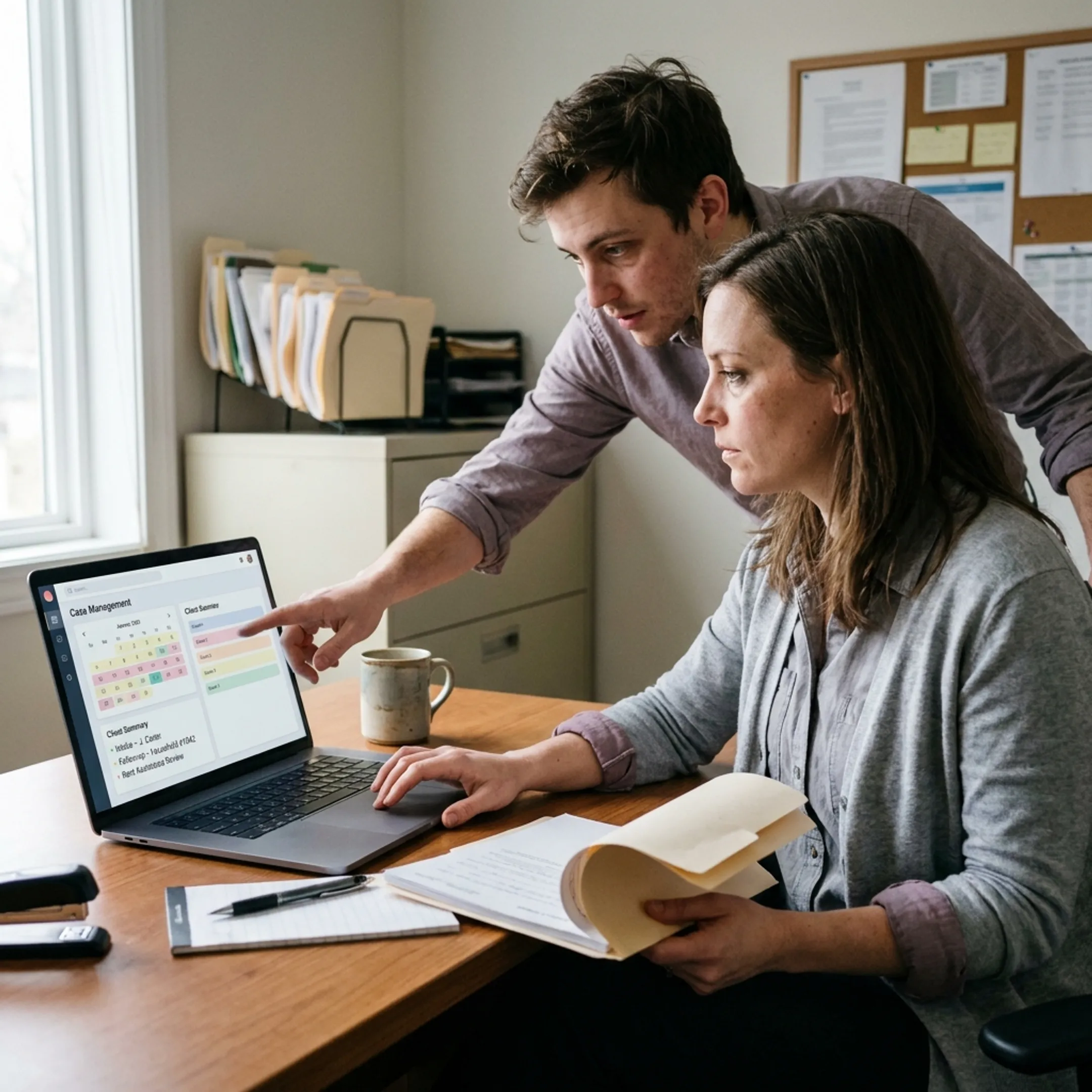 Nonprofit staff member reviewing scheduled appointments and client records