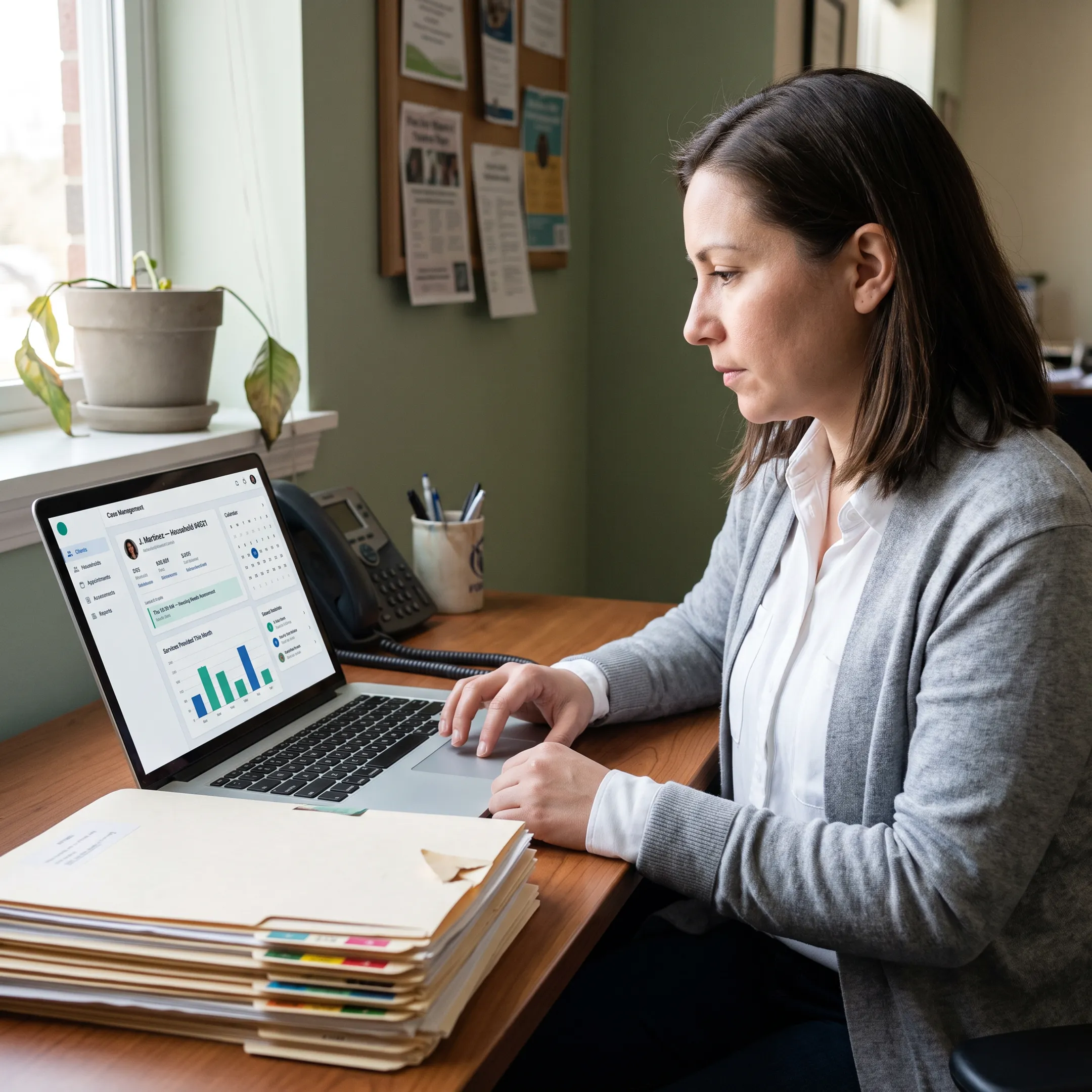 Nonprofit caseworker scheduling a client appointment on a laptop