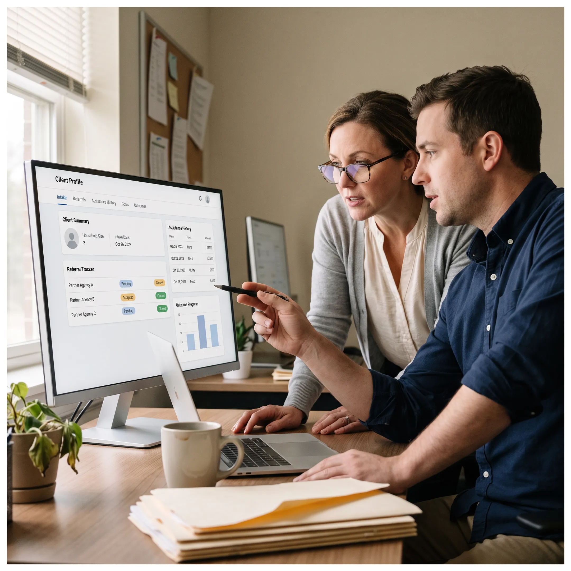Human services team coordinating client care using centralized case management software
