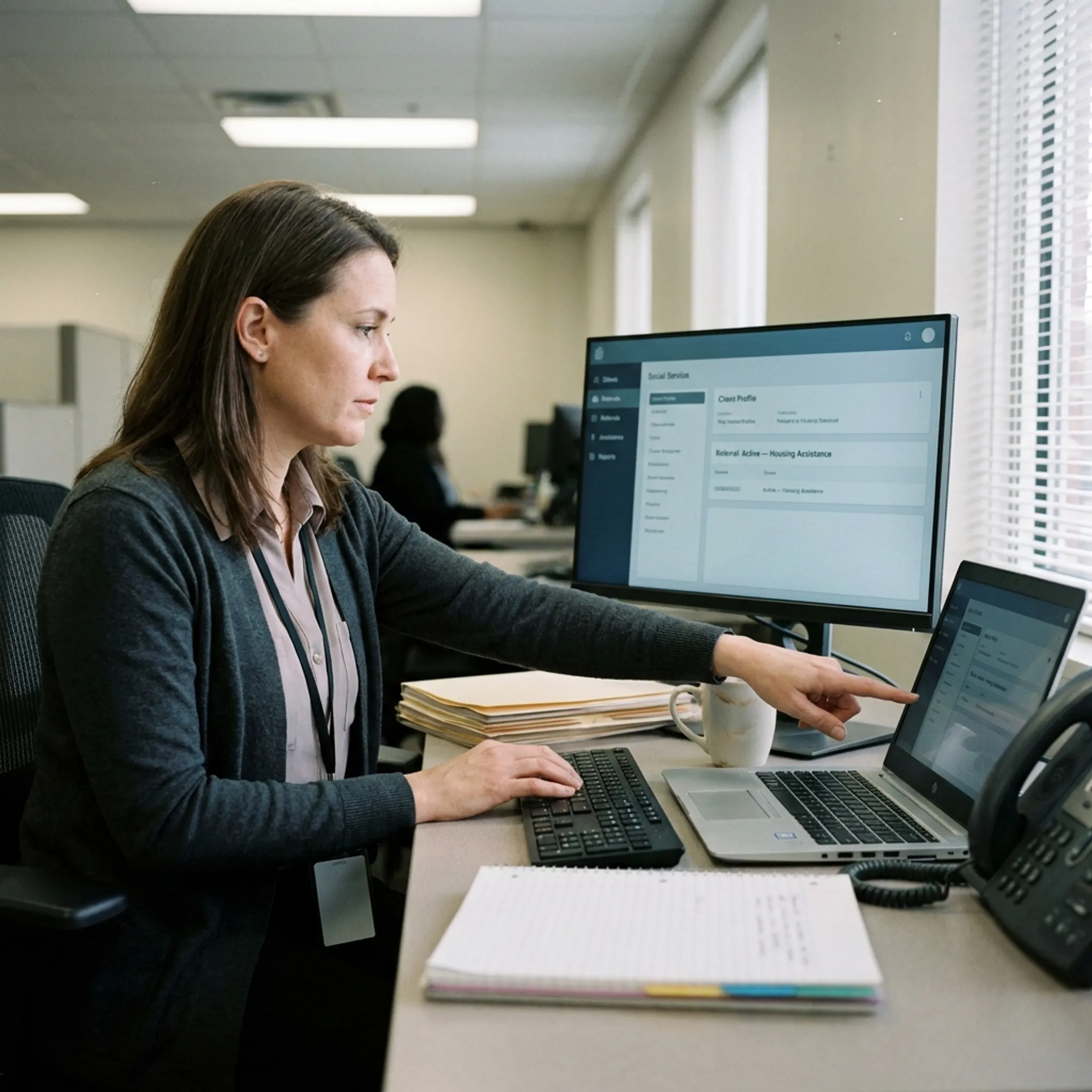 Social services administrator reviewing coordinated client assistance records