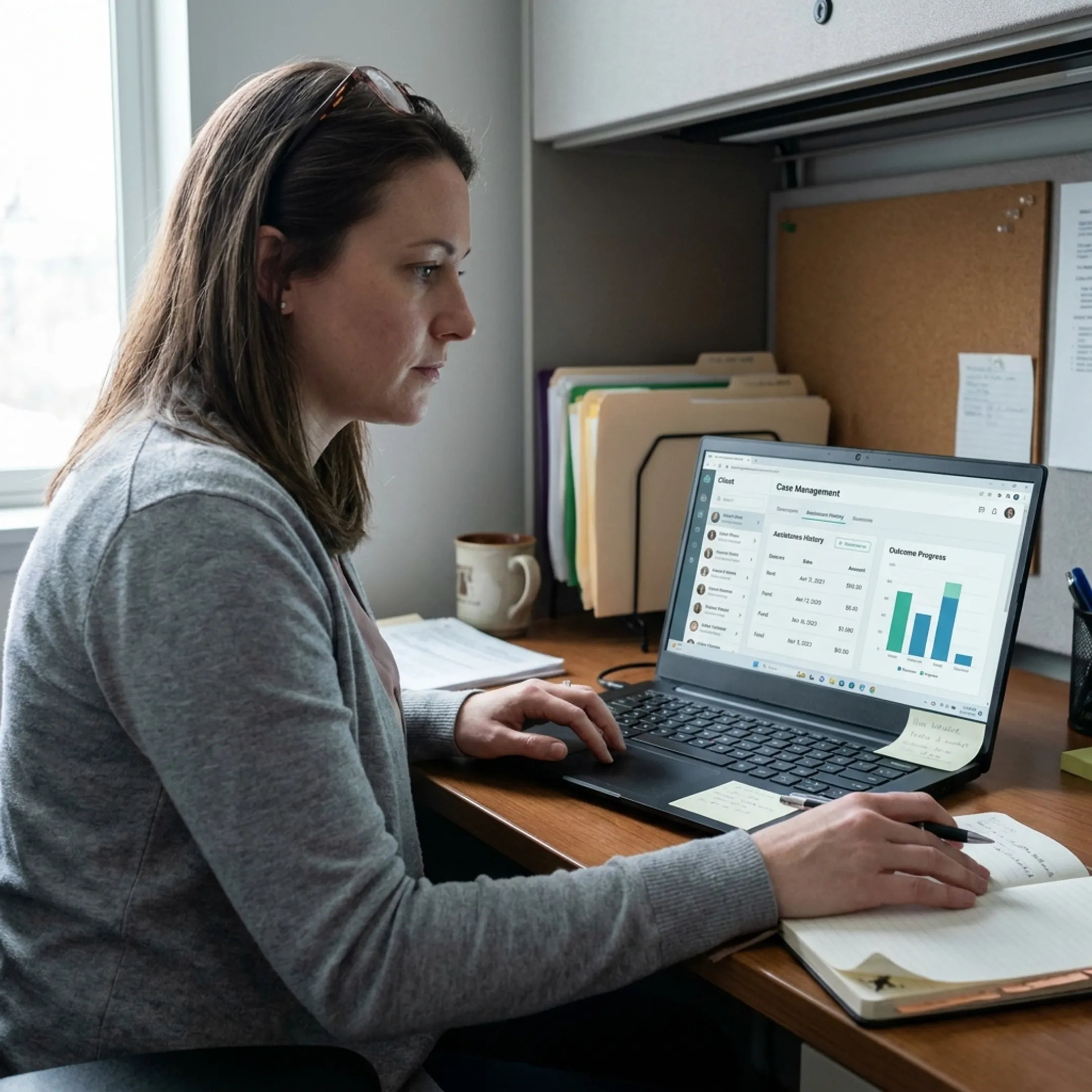 Nonprofit caseworker using software to track client outcomes
