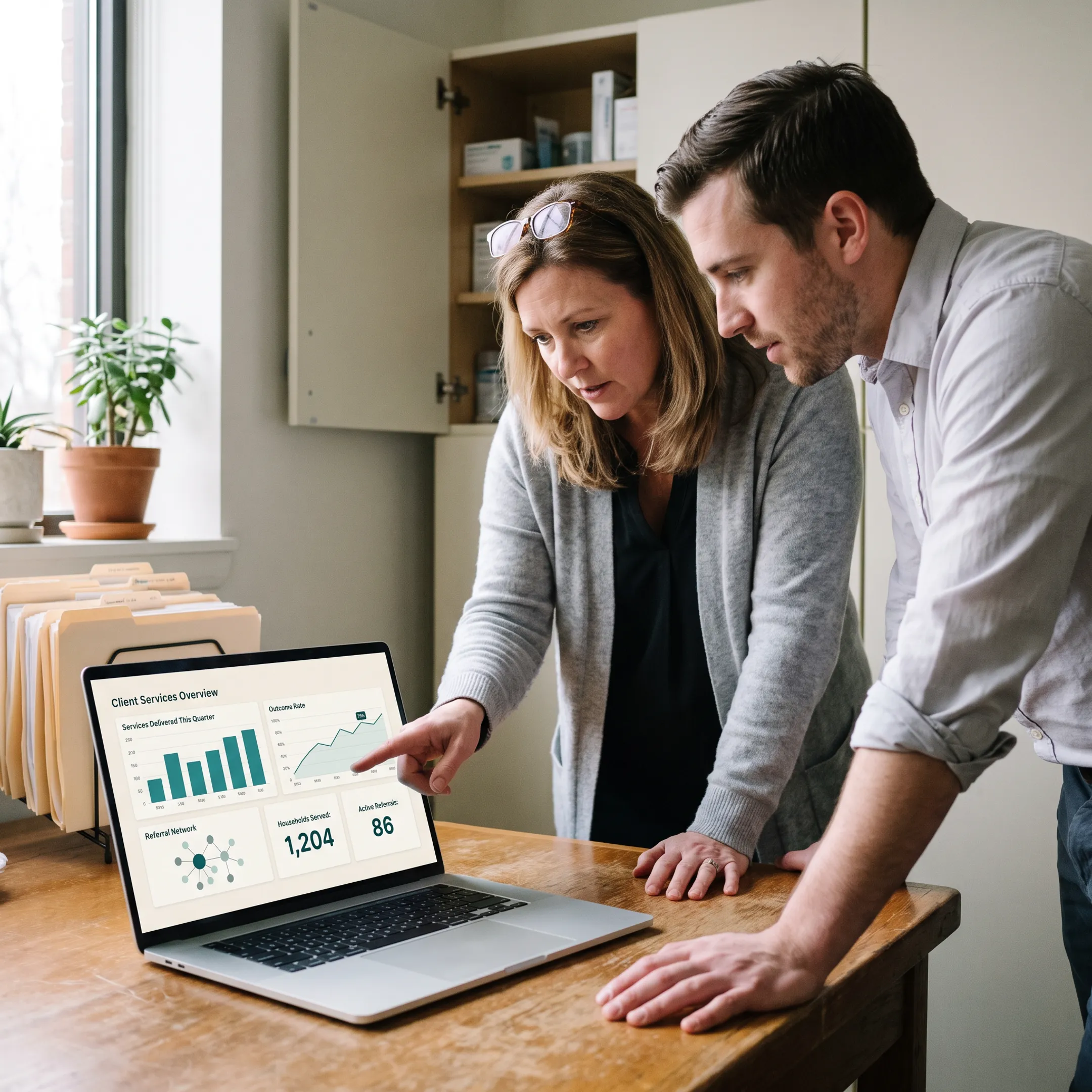 Nonprofit team reviewing social impact data on case management software