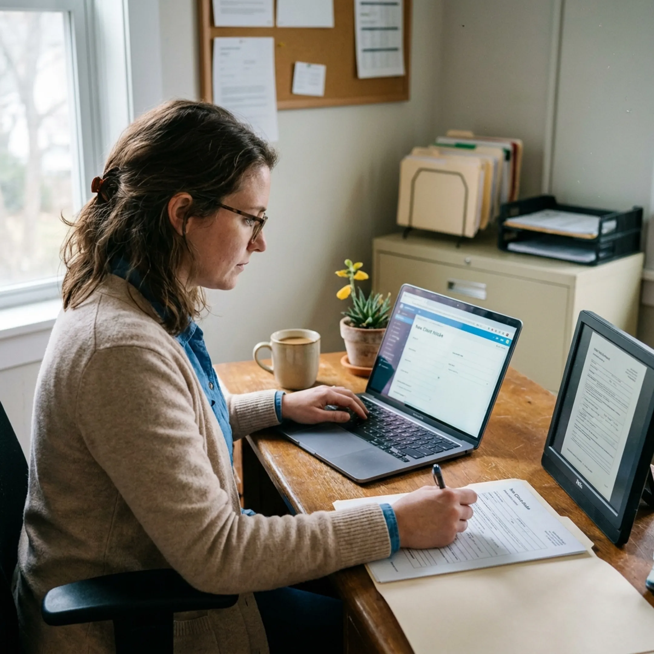 Staff member entering nonprofit client information into online forms