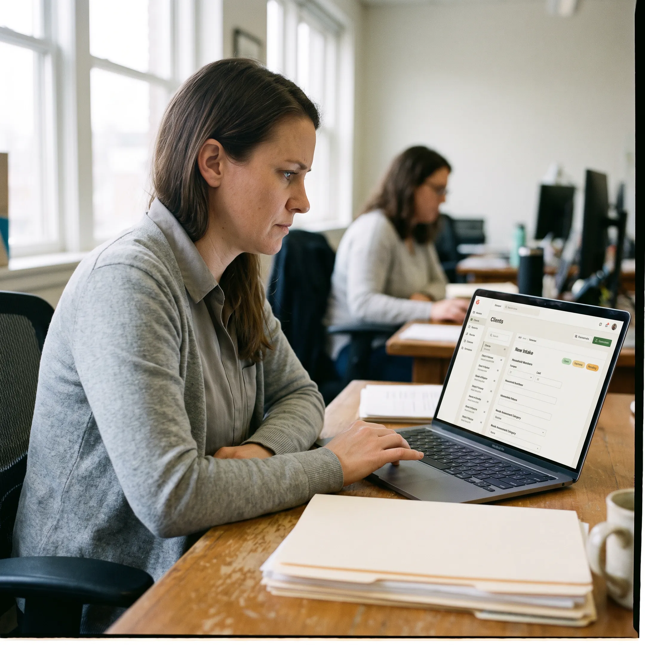 Nonprofit staff reviewing digital intake forms on a laptop