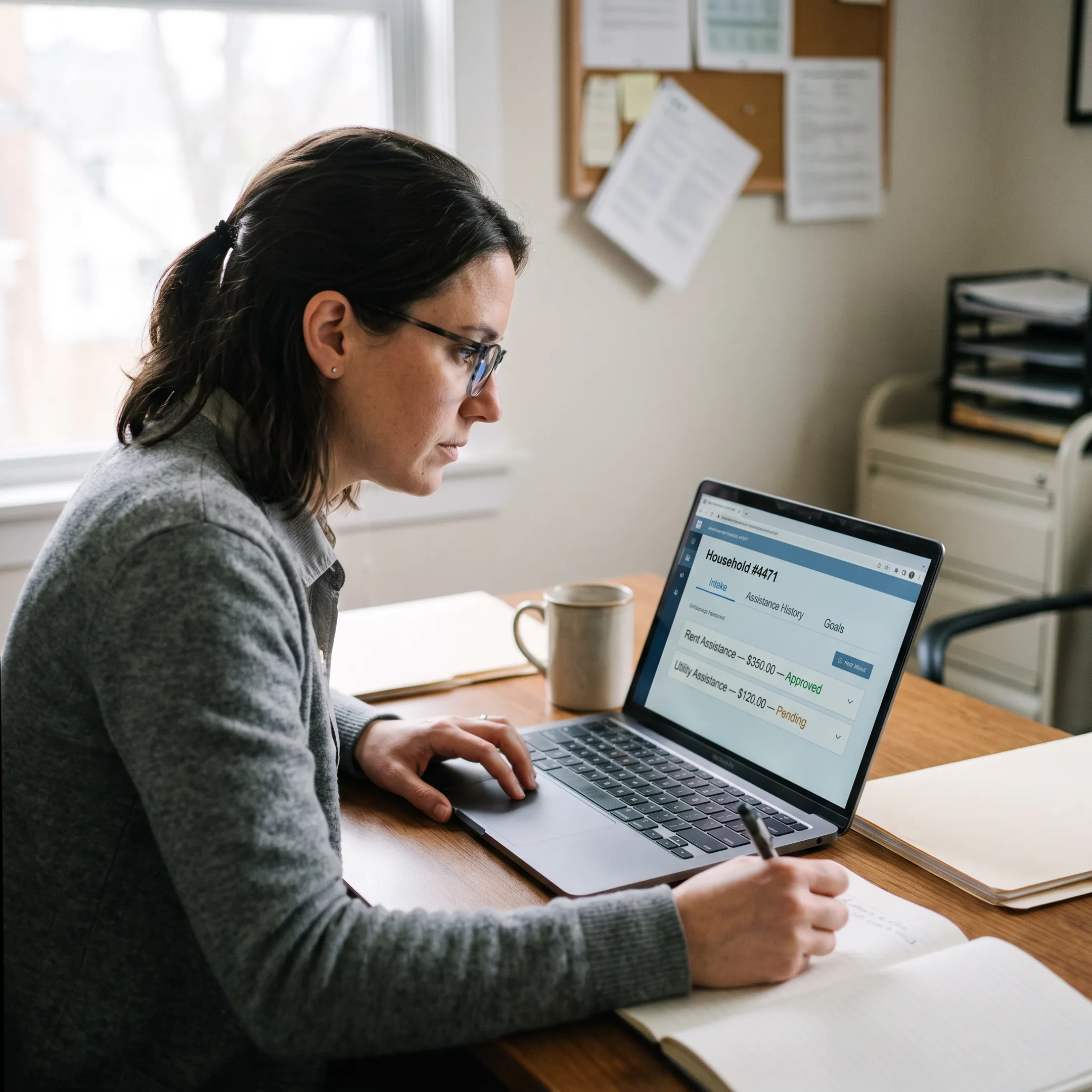 Caseworker reviewing client records in a digital case management portal