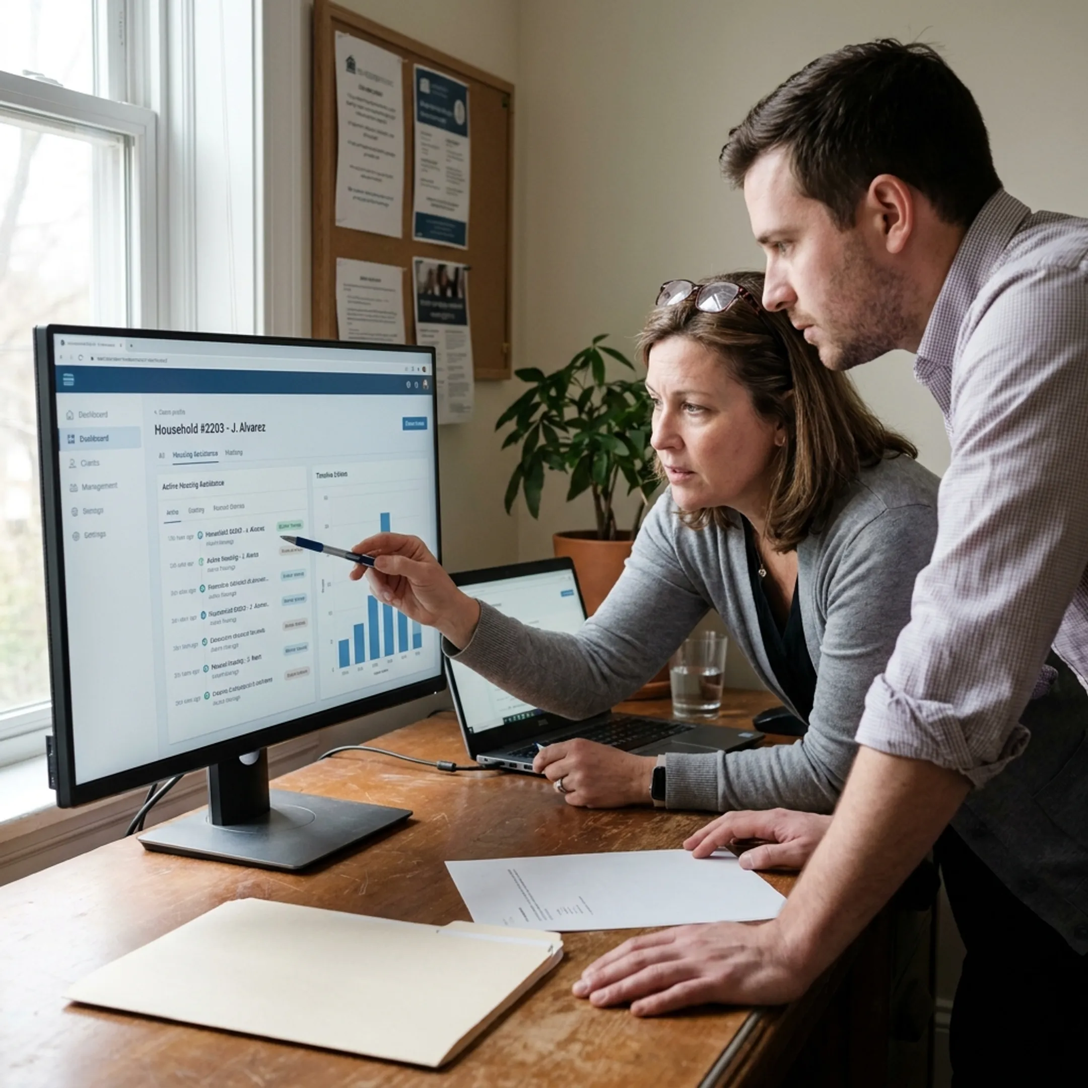Shelter staff coordinating client services in case management software