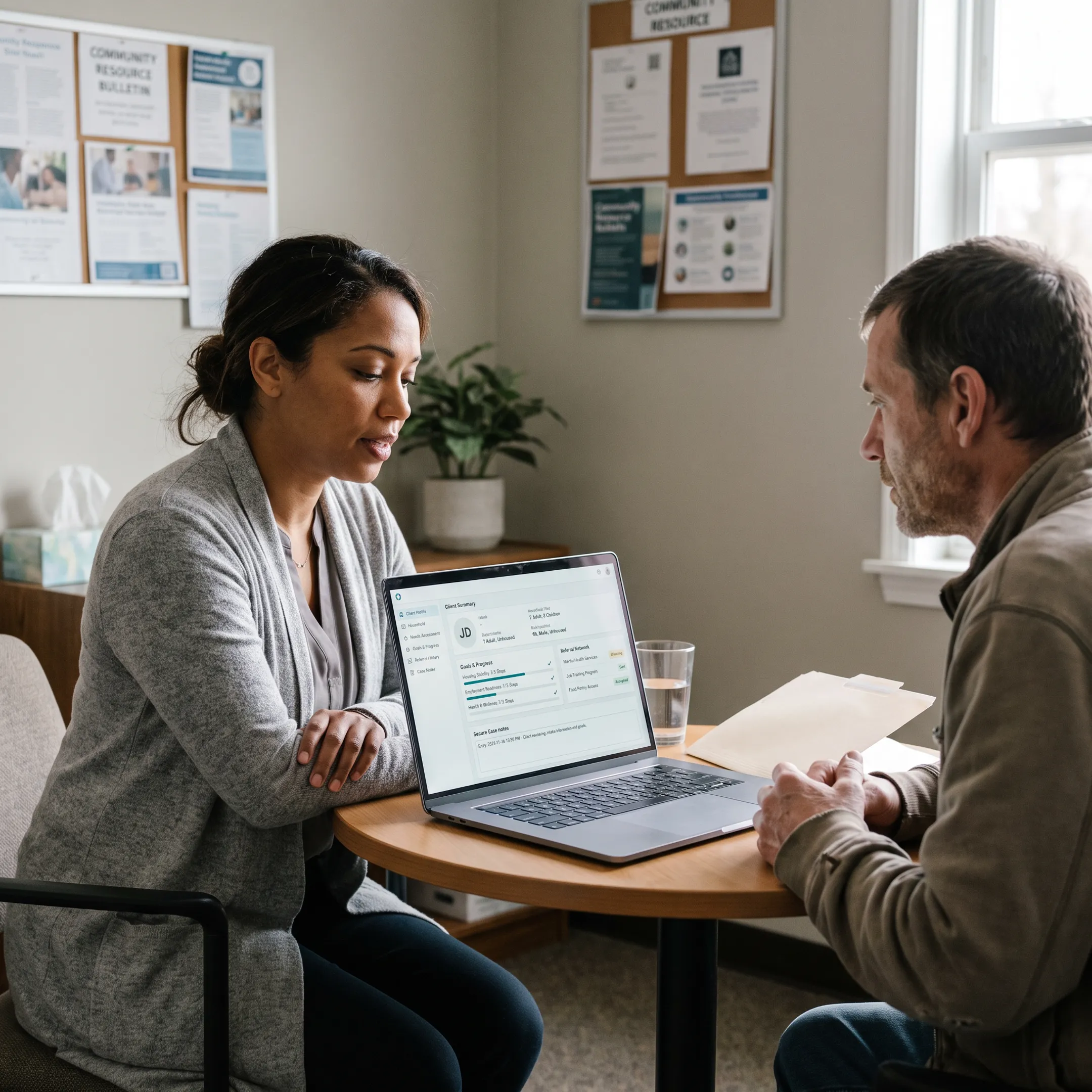 Caseworker using homeless shelter case management software with a client