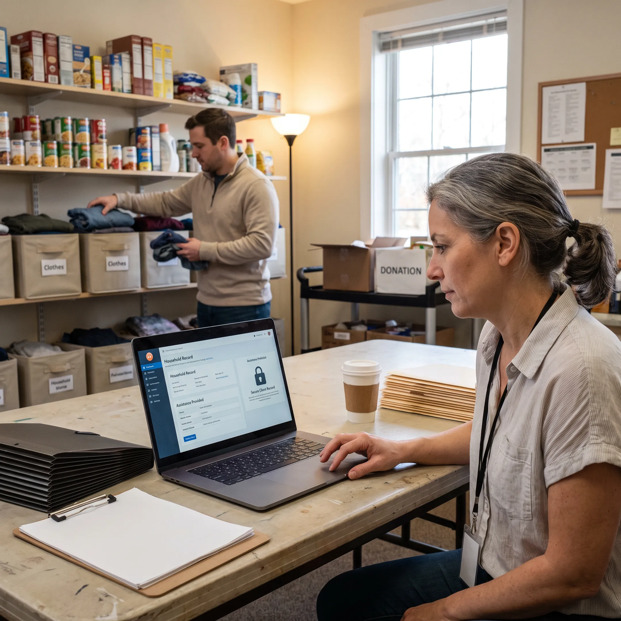 Nonprofit staff using software to coordinate donated food and clothing distributions