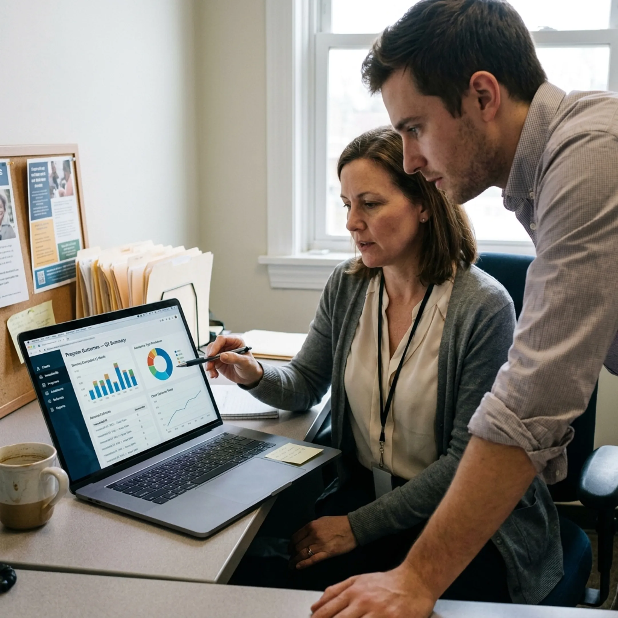 Nonprofit staff reviewing a program dashboard with client and outcome data
