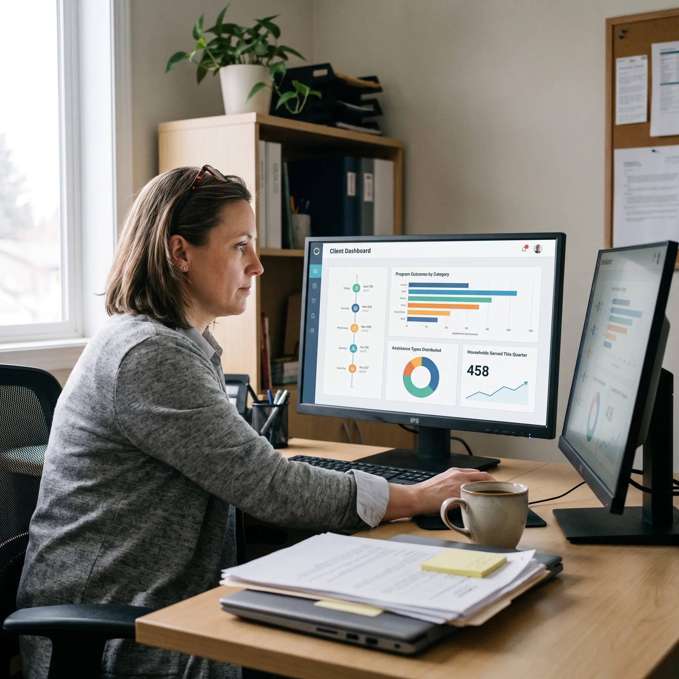 Nonprofit manager reviewing client outcomes and program performance data