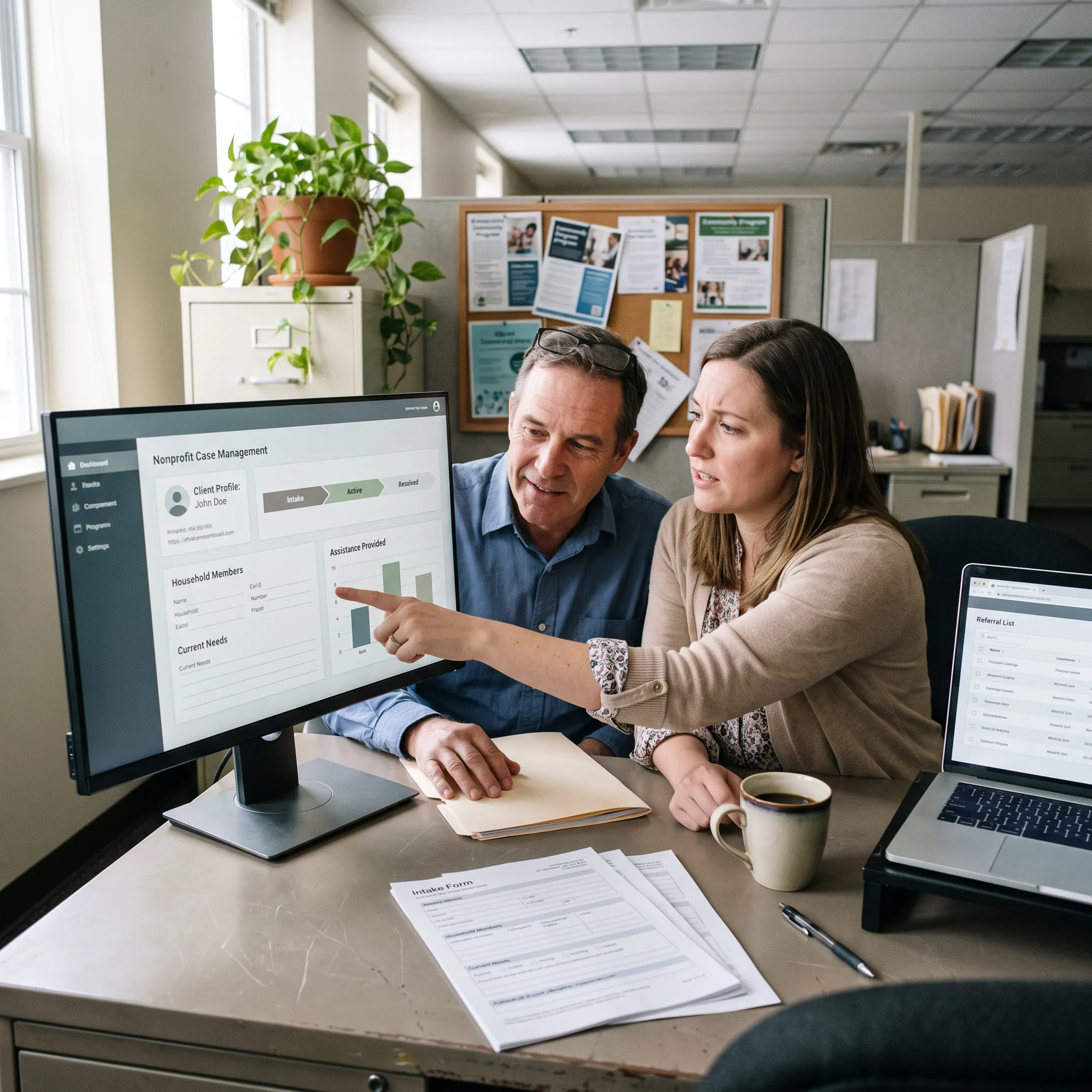 Caseworkers using a centralized case management tracking app to coordinate client services