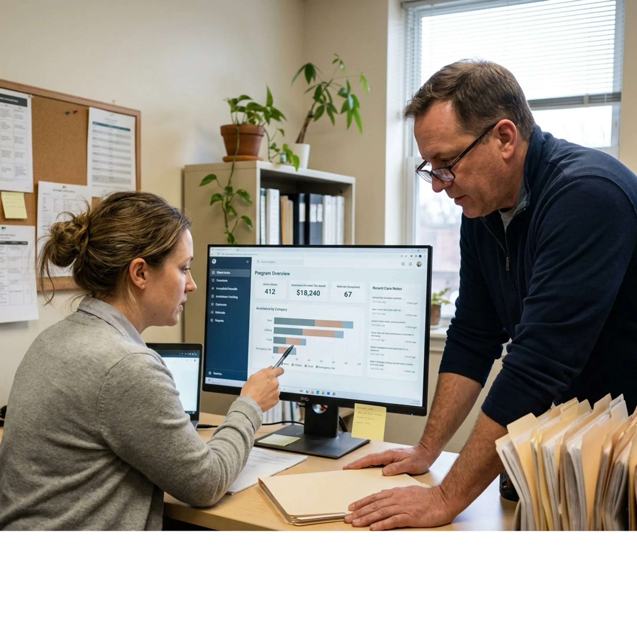 Nonprofit staff reviewing client program data on case management software