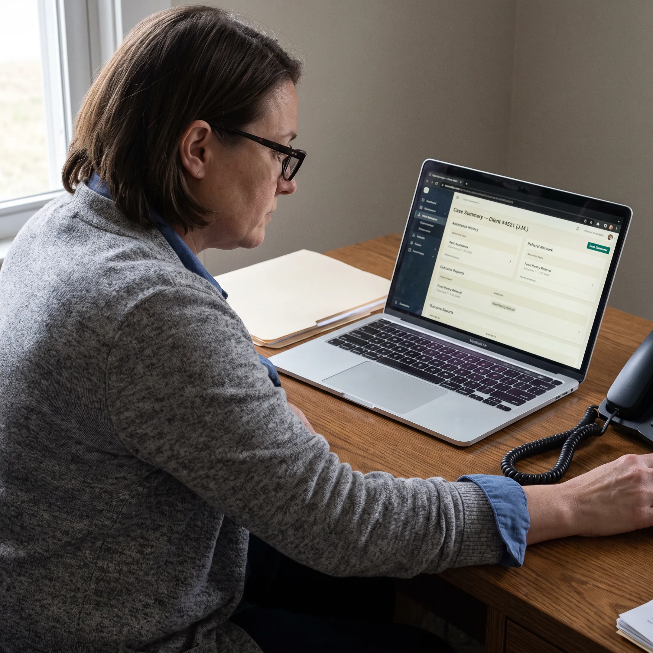 Caseworker reviewing community organization client data on a laptop
