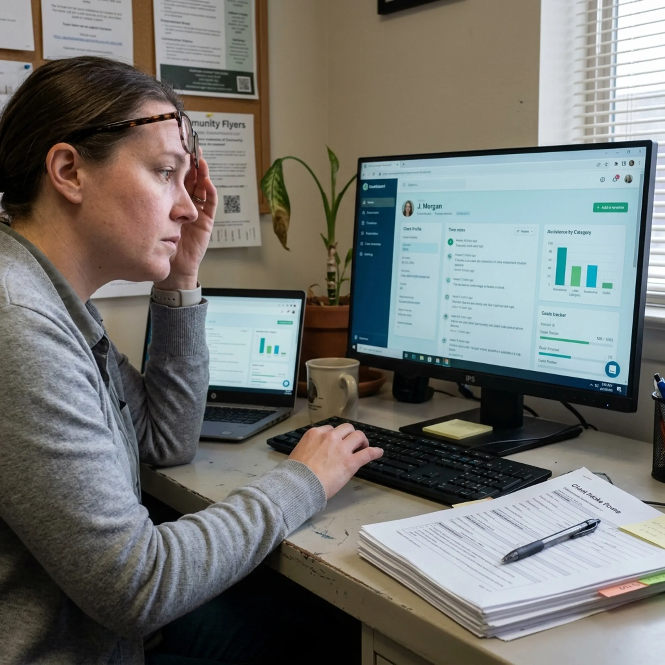 Caseworker reviewing centralized client records and outcome data