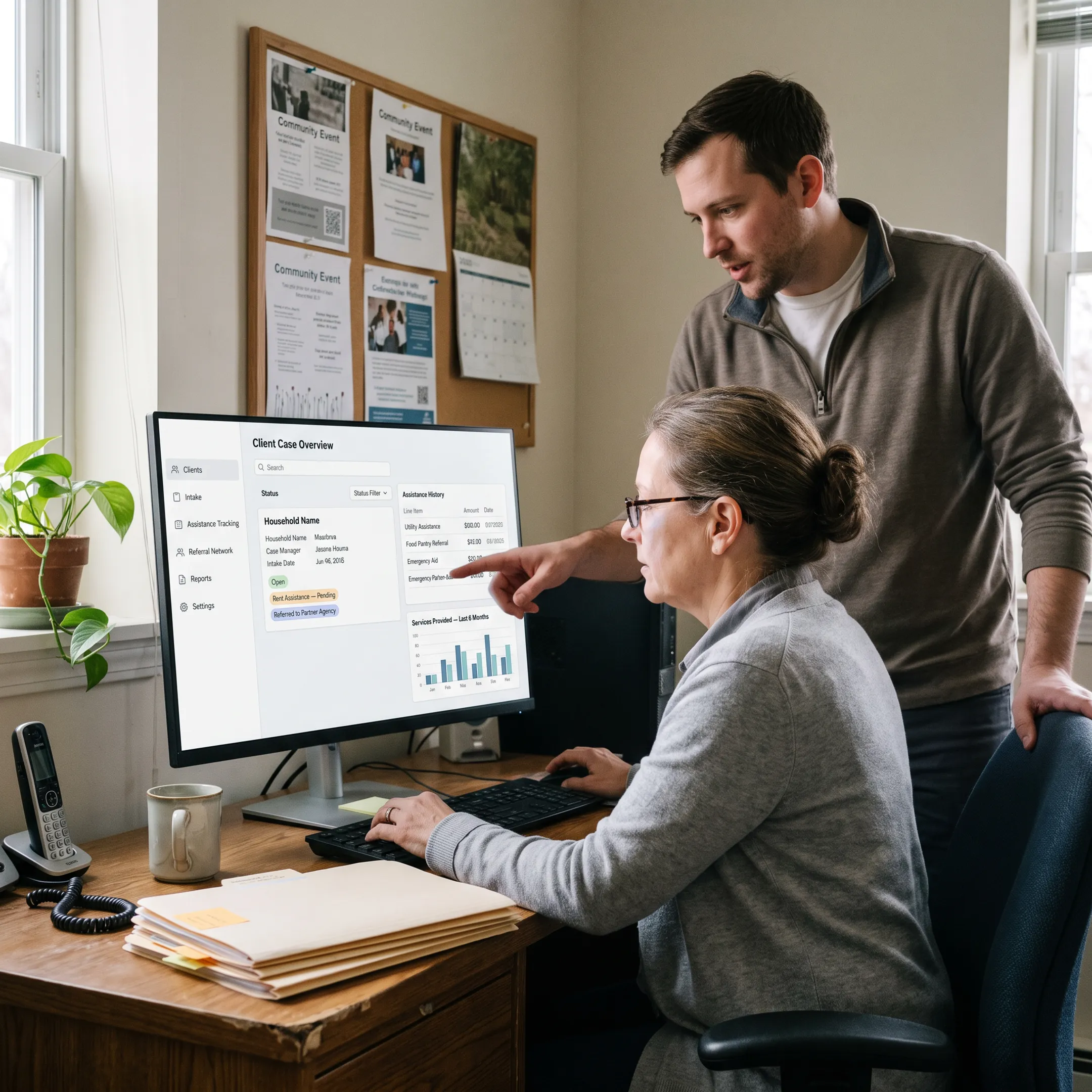 Church outreach team using software to coordinate community assistance