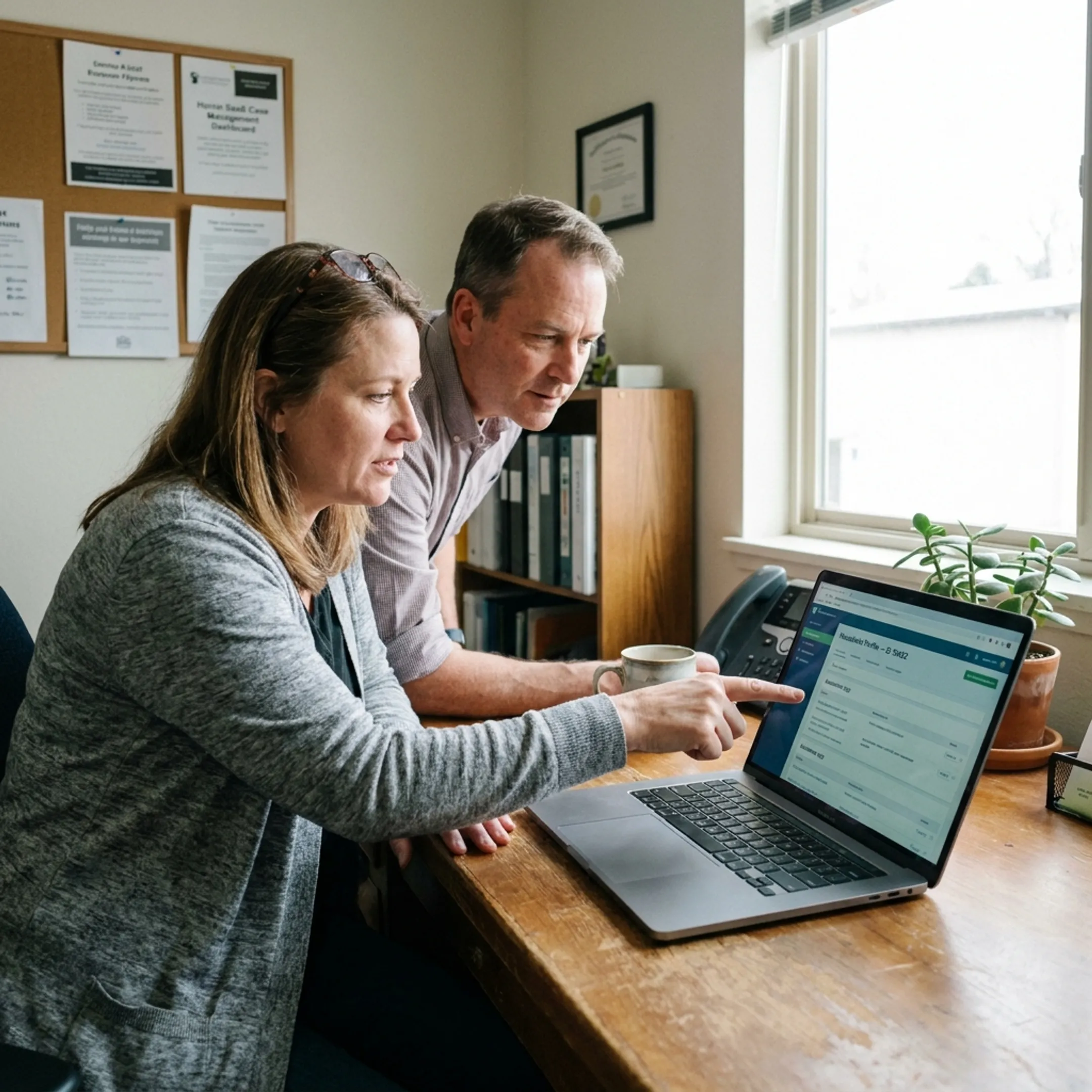 Church ministry staff reviewing coordinated outreach and care information